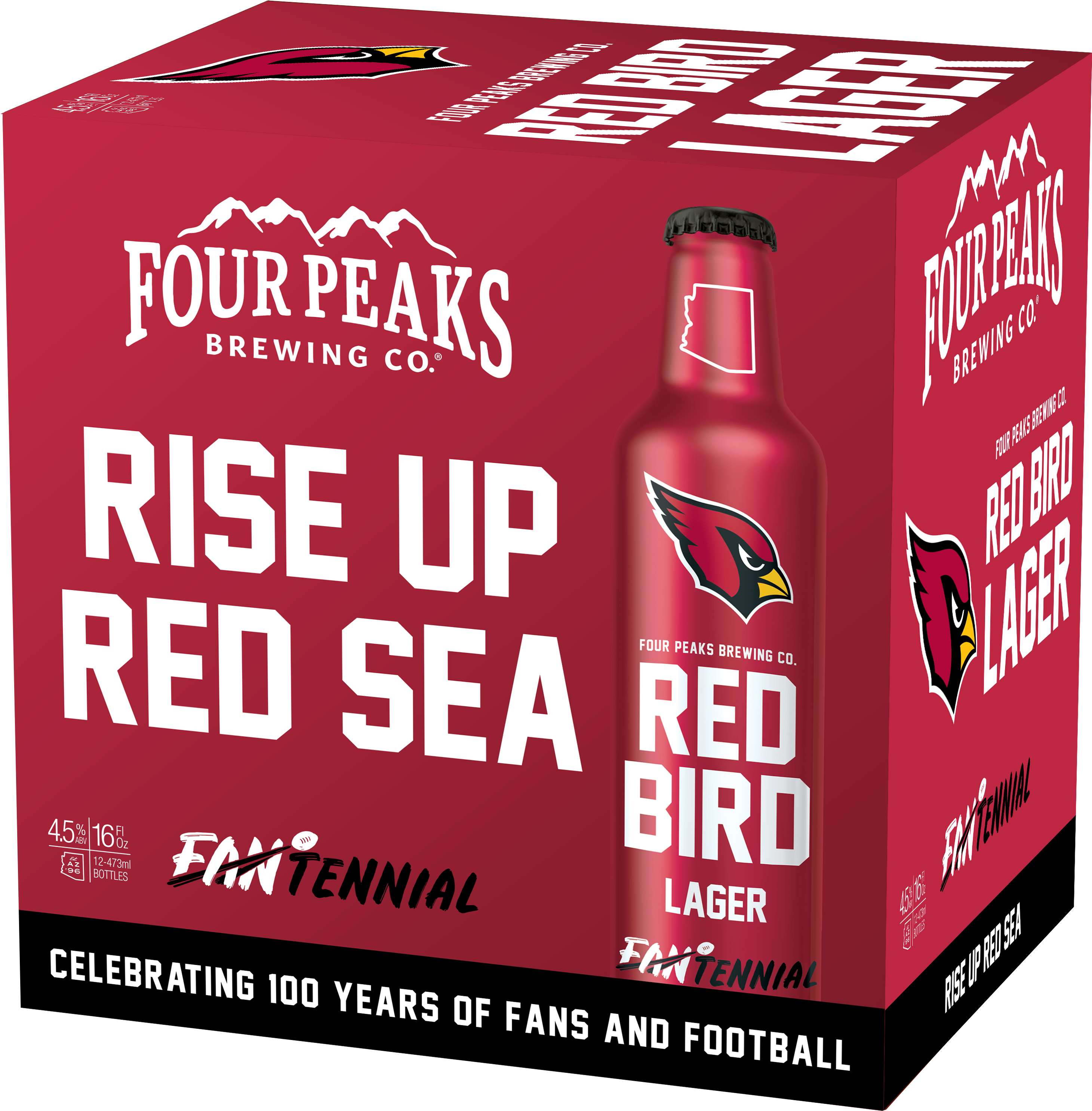 Arizona Cardinals 桌布 壁紙 — 一個大膽的紅色Four Peaks Red Bird Lager啤酒盒，帶有紅雀標誌和「Rise Up Red Sea」文字。