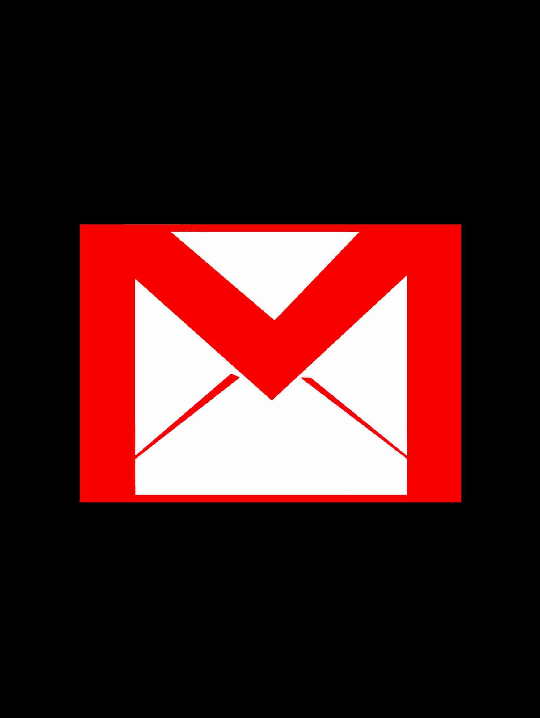 Gmail 動圖 桌布 壁紙 — 一個大膽的紅色Gmail標誌居中在純黑色背景上，帶有乾淨的幾何線條。