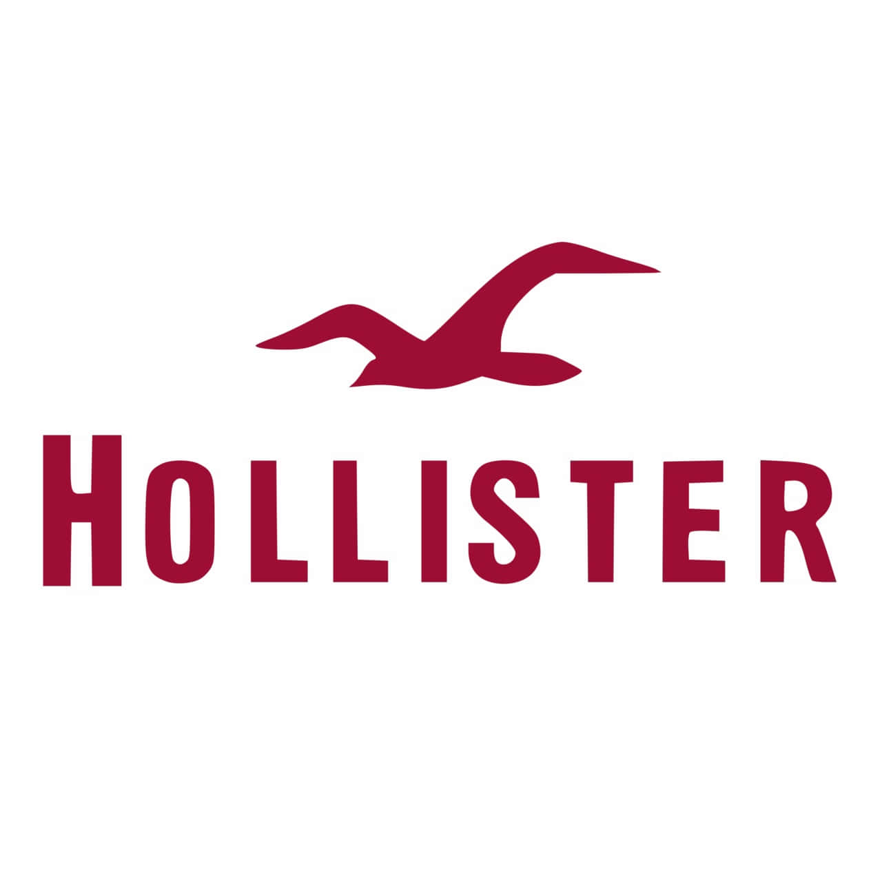 hollister 桌布 壁紙 — 一個大膽的紅色Hollister標誌，特色是一隻風格化的海鷗在品牌名稱上方飛翔，背景為潔淨的白色。