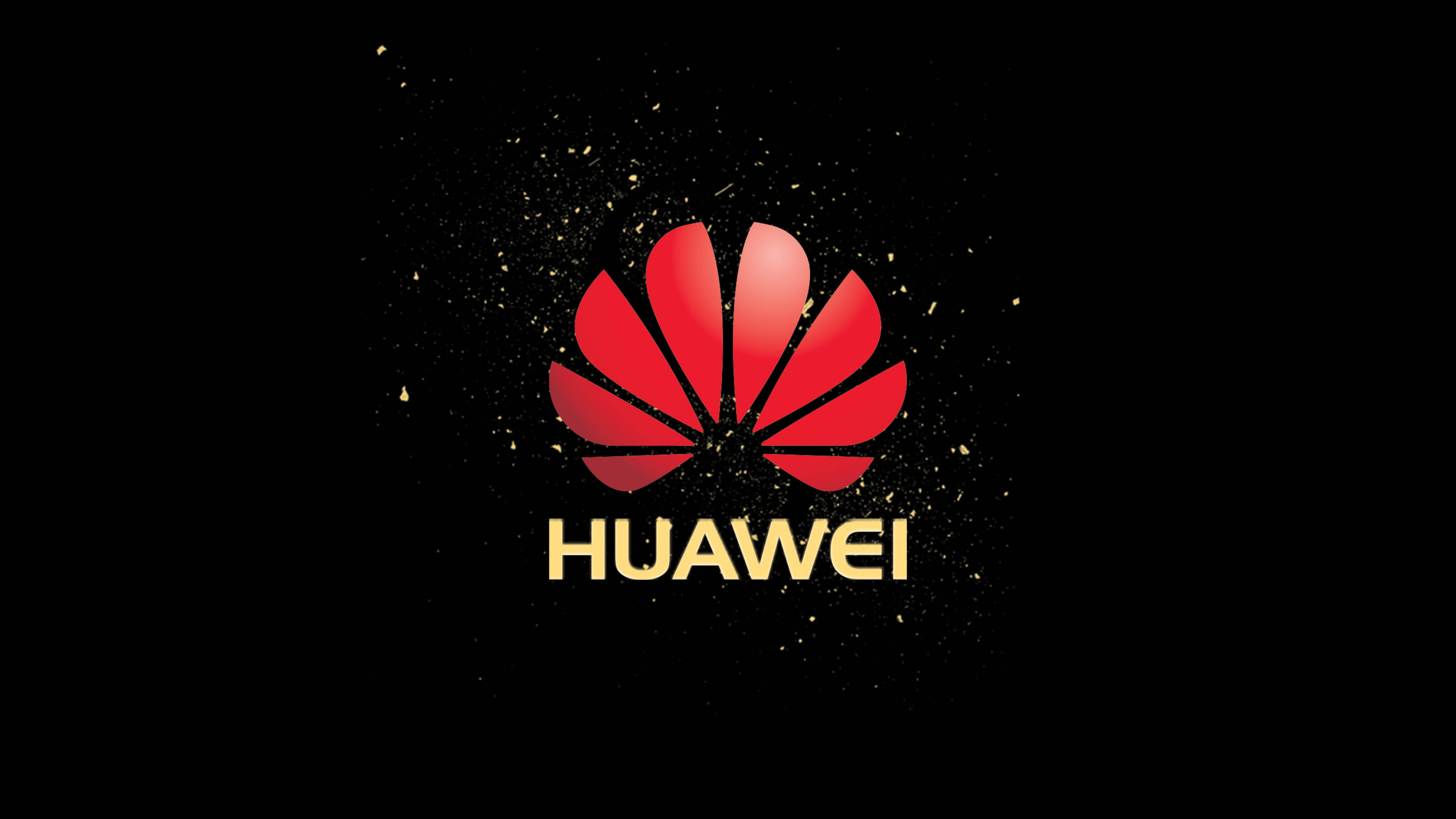 華為 桌布 壁紙 — 一個大膽的紅色Huawei標誌，搭配金色文字，在帶有散落金色粒子的黑色背景上突顯出來。
