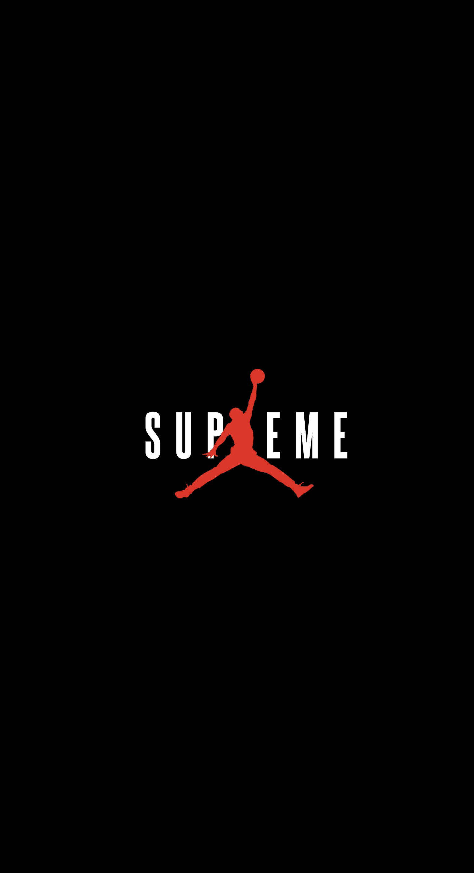 black supreme 桌布 壁紙 — 一個大膽的紅色Jordan Jumpman標誌與白色supreme字樣融合，在純黑背景上格外突出。