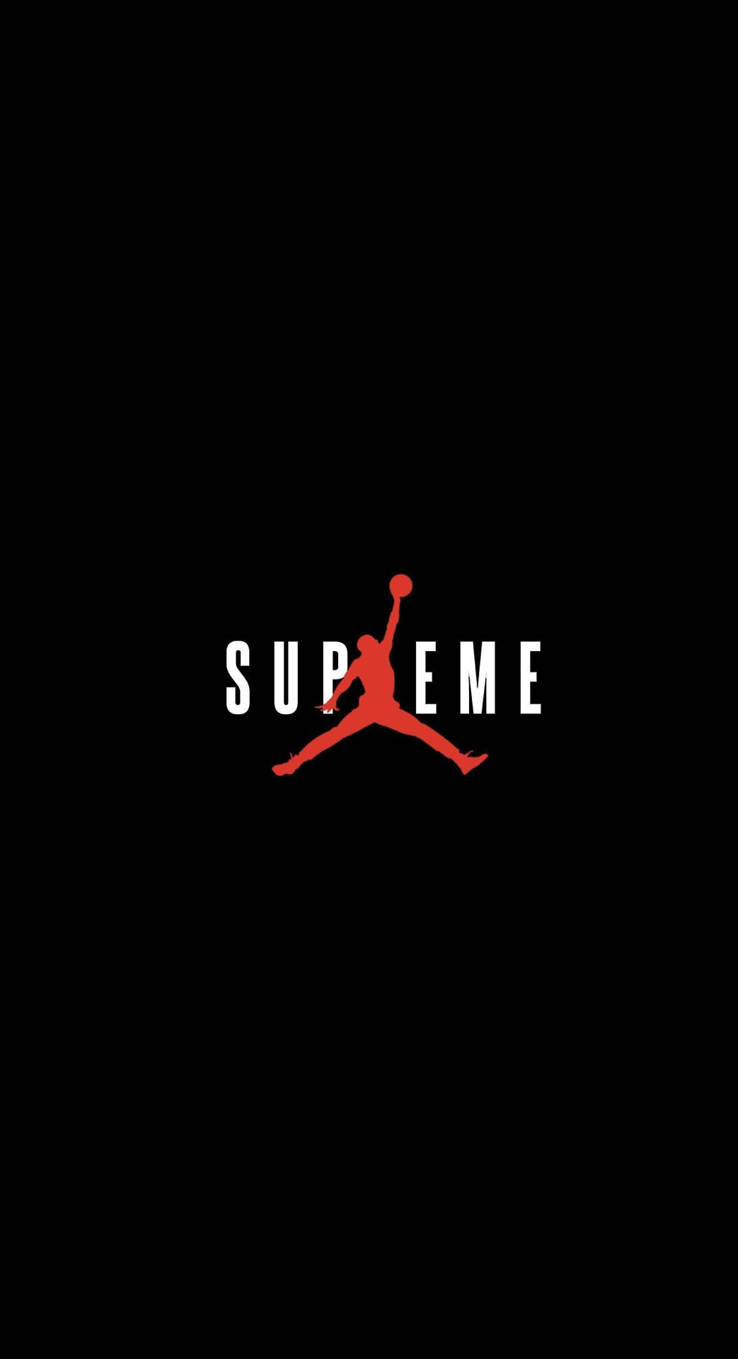 紅色Jordan Jumpman標誌與白色supreme字樣整合在黑色背景上。
