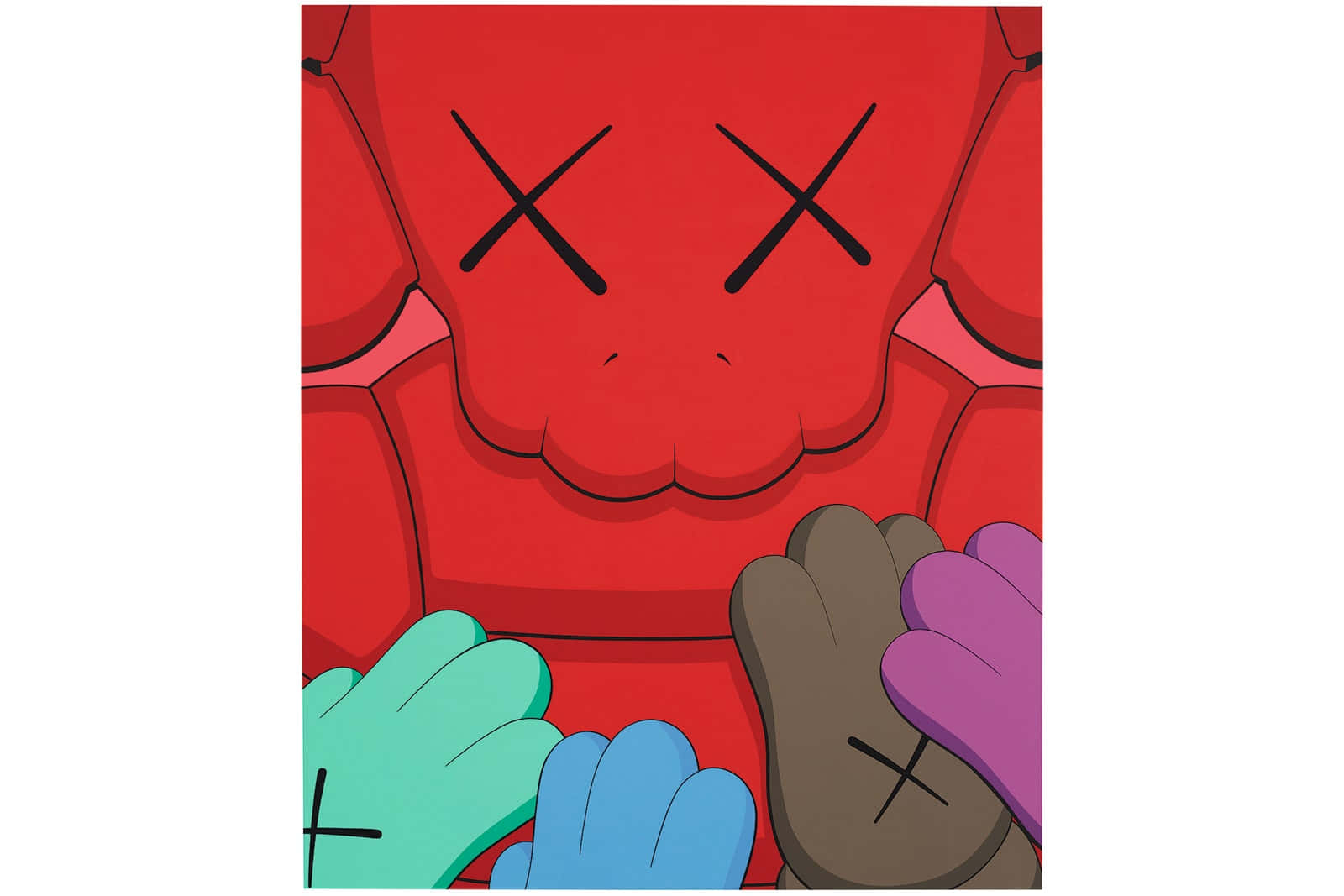 KAWS 桌布 壁紙 — 一個大膽的紅色KAWS角色，帶有X形眼睛，被色彩繽紛的手以充滿活力的卡通風格擁抱。