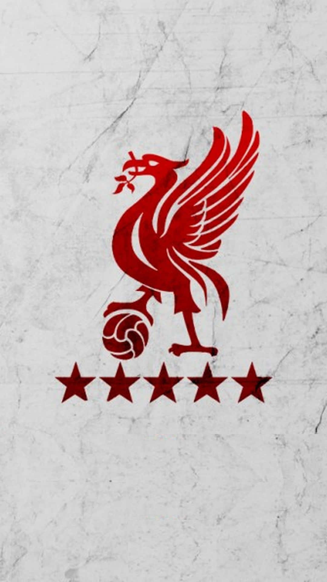 Liverpool iPhone 桌布 壁紙 — 一個大膽的紅色Liverbird標誌，帶有五顆星，在紋理白色大理石背景上脫穎而出。