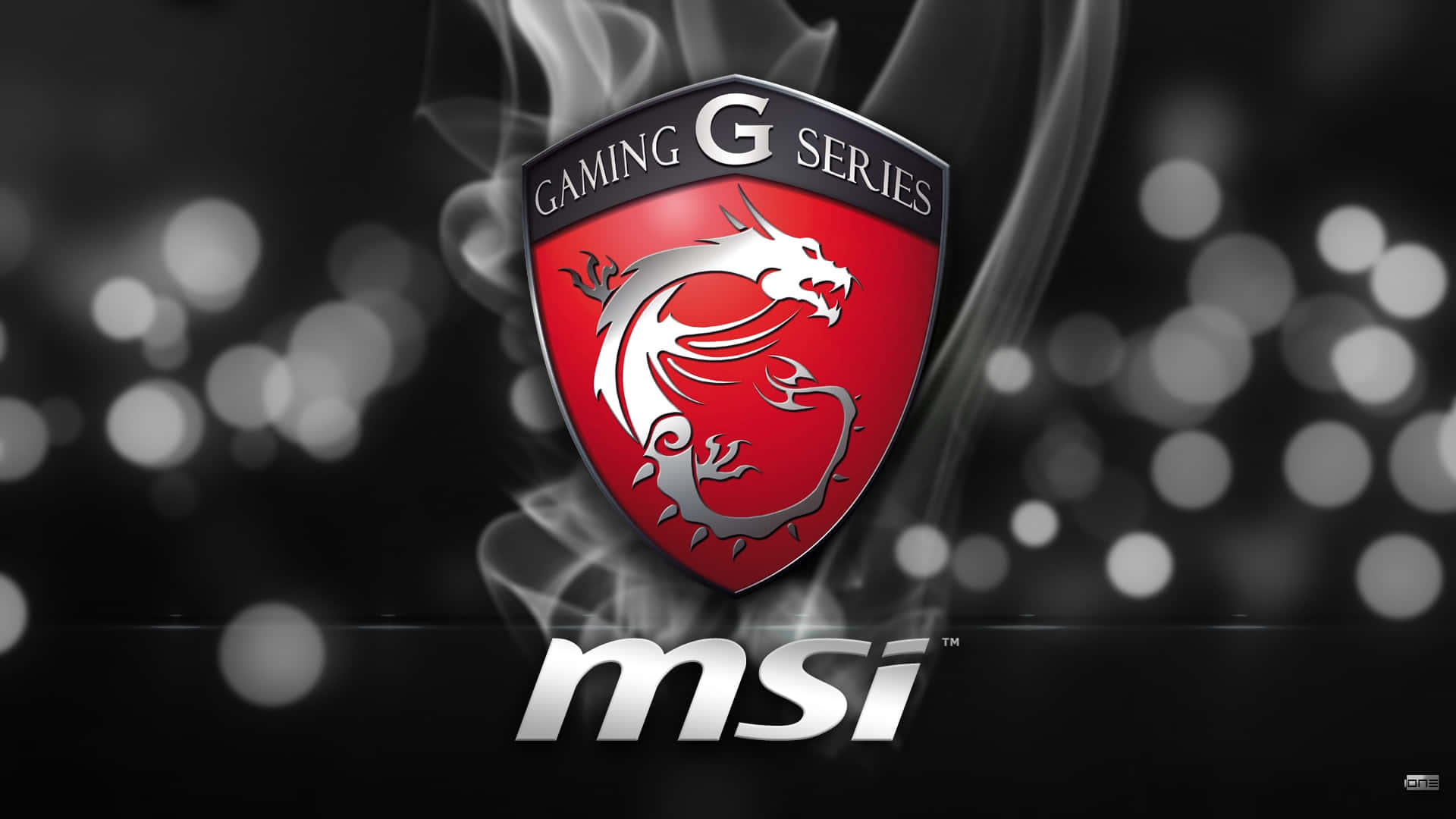 微星 桌布 壁紙 — 一個大膽的紅色MSI Gaming G Series龍標誌在煙霧彌漫的黑色背景上發光，帶有散景燈光。