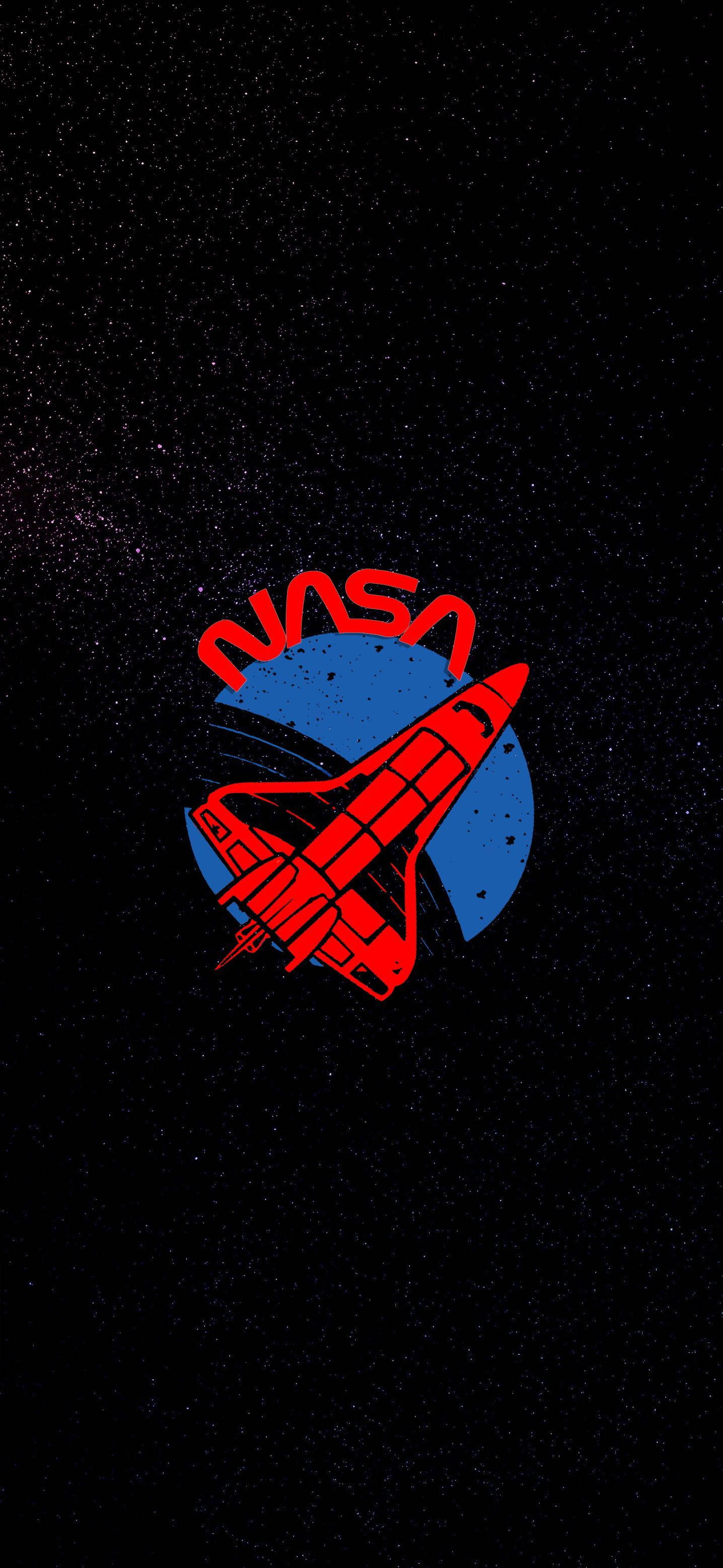 標誌 桌布 壁紙 — 一個大膽的紅色NASA標誌，太空梭環繞著藍色行星，背景是星光閃爍的黑色宇宙。