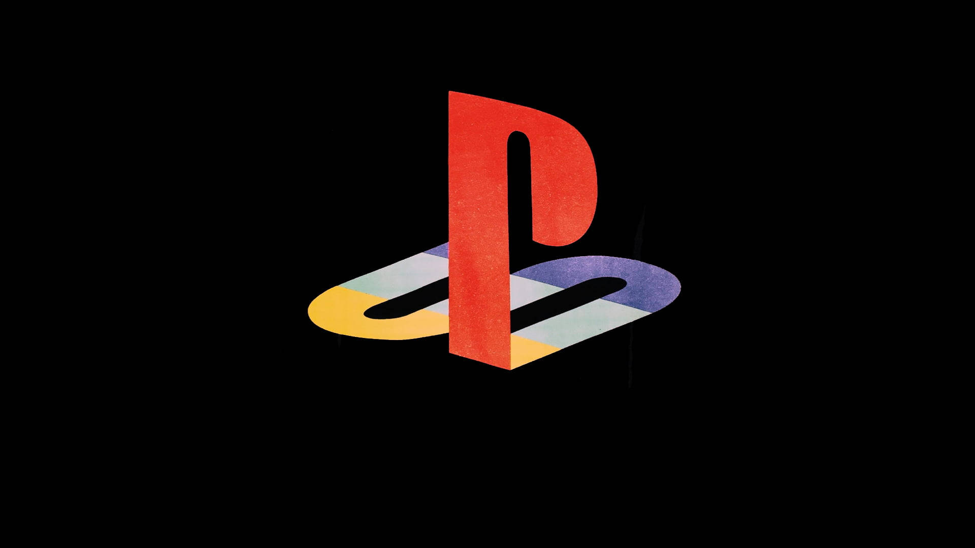 PlayStation 桌布 壁紙 — 一個大膽的紅色PlayStation標誌，搭配色彩繽紛的漸層環，在純黑背景上格外突出。