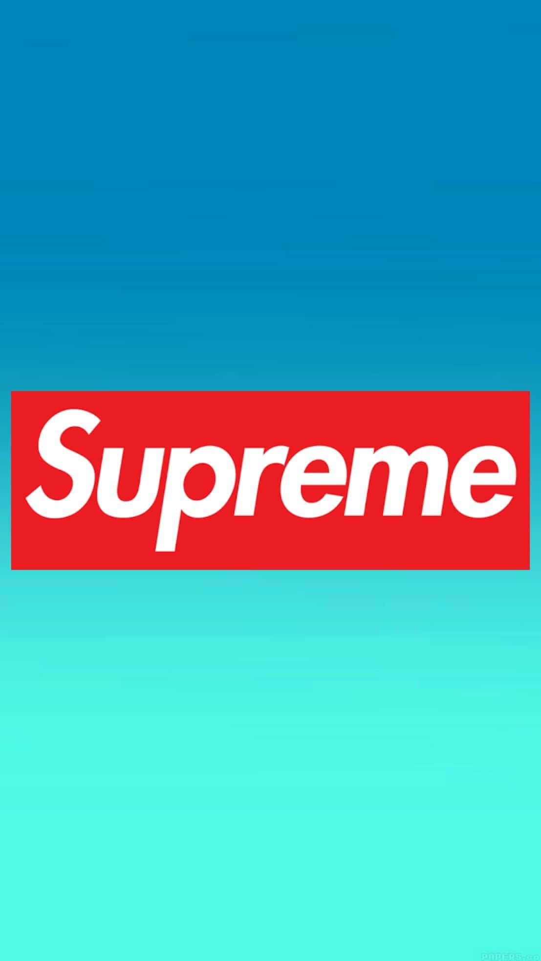 Supreme iPhone 桌布 壁紙 — 一個大膽的紅色Supreme標誌居中在藍色和藍綠色的漸變背景上。