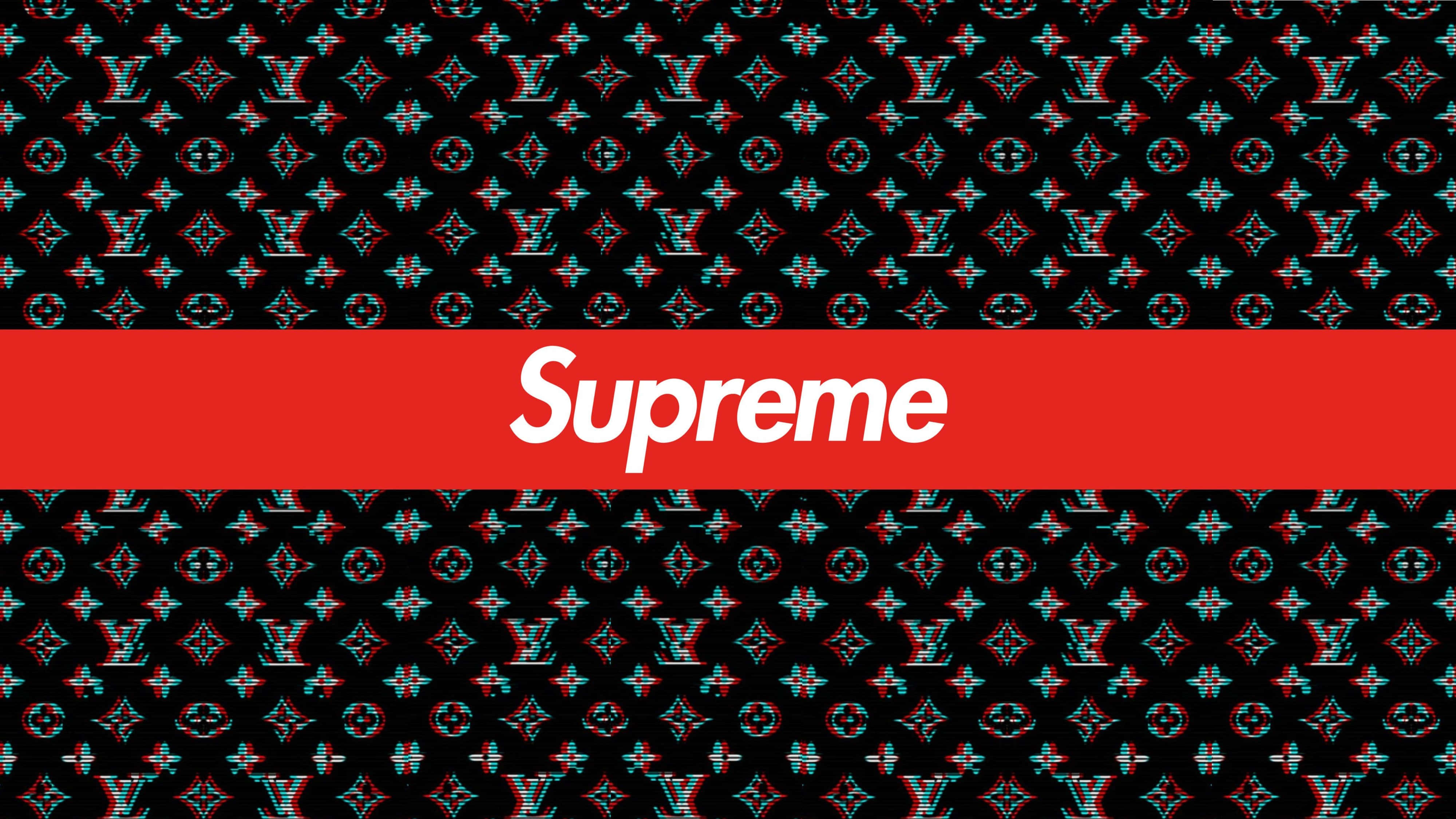 supreme aesthetic 桌布 壁紙 — 一個大膽的紅色Supreme標誌置中在黑色背景上，帶有重複的故障效果Louis Vuitton字母組合圖案。