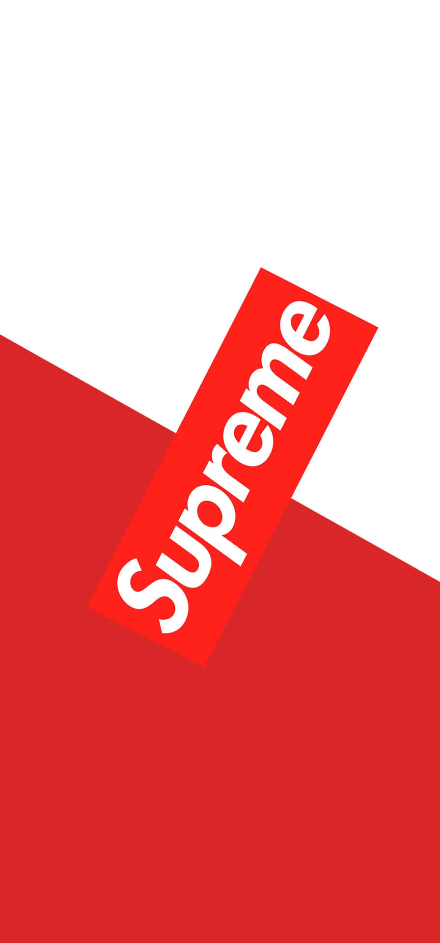 supreme aesthetic 桌布 壁紙 — 一個大膽的紅色Supreme標誌方塊對角放置在紅白分割的背景上。