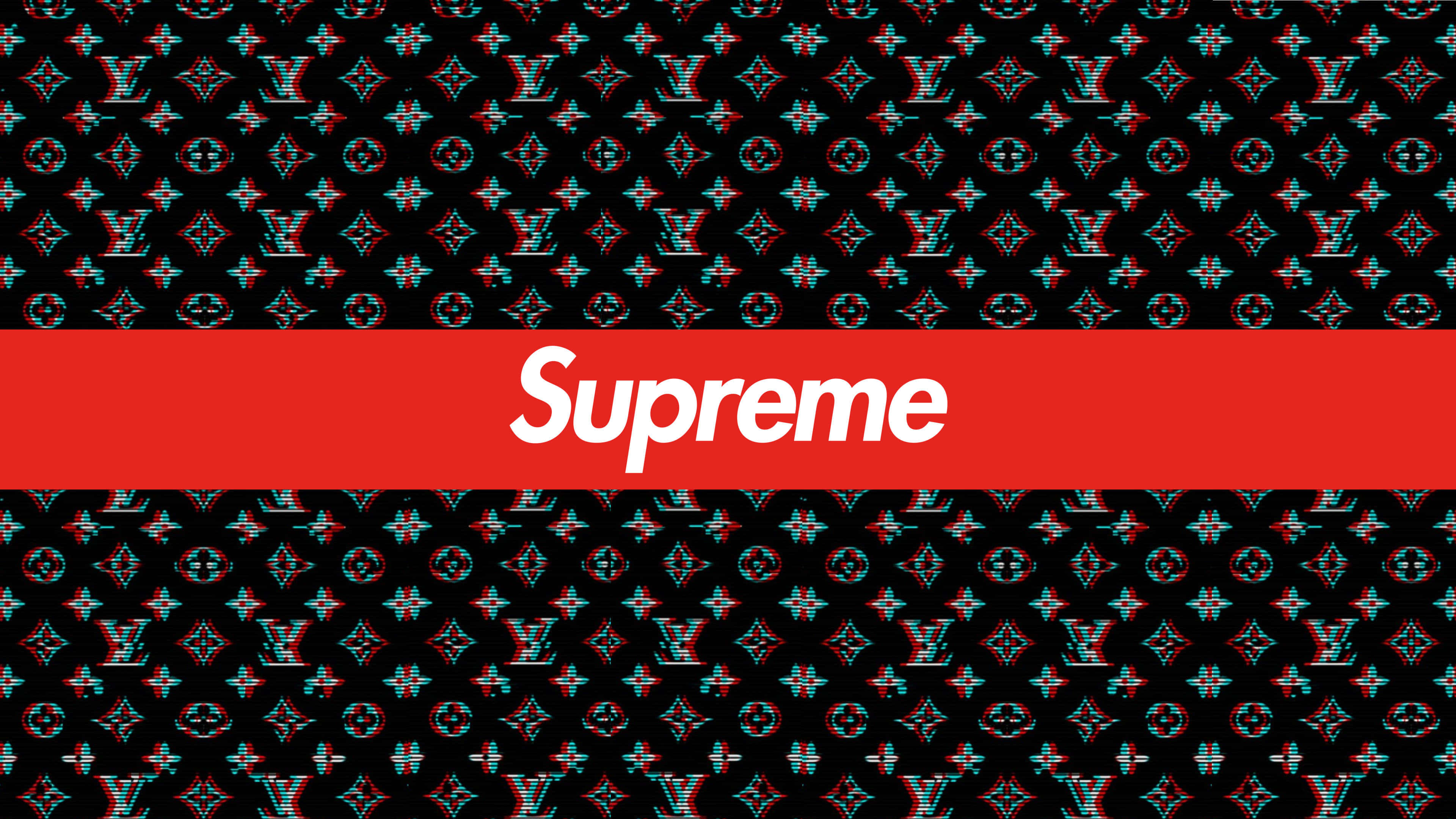 supreme 桌布 壁紙 — 一個大膽的紅色Supreme標誌居中在黑色背景上，帶有故障效果的Louis Vuitton字母組合圖案。