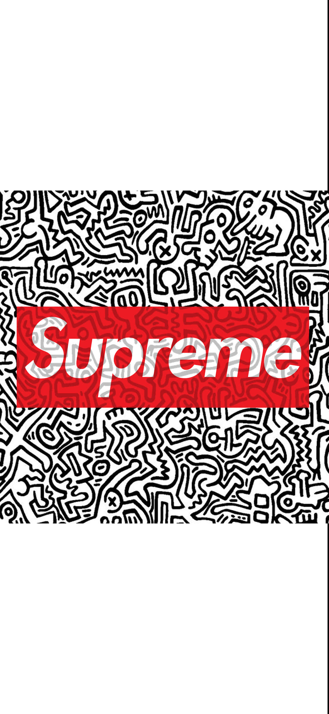 Hype Aesthetic 桌布 壁紙 — 一個大膽的紅色Supreme標誌居中在黑白Keith Haring風格抽象圖案背景上。
