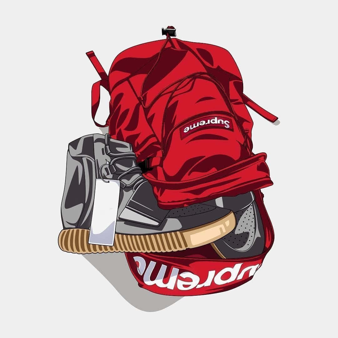 Supreme Logo 桌布 壁紙 — 一個大膽的紅色Supreme背包，灰色運動鞋從中探出，背景簡潔。