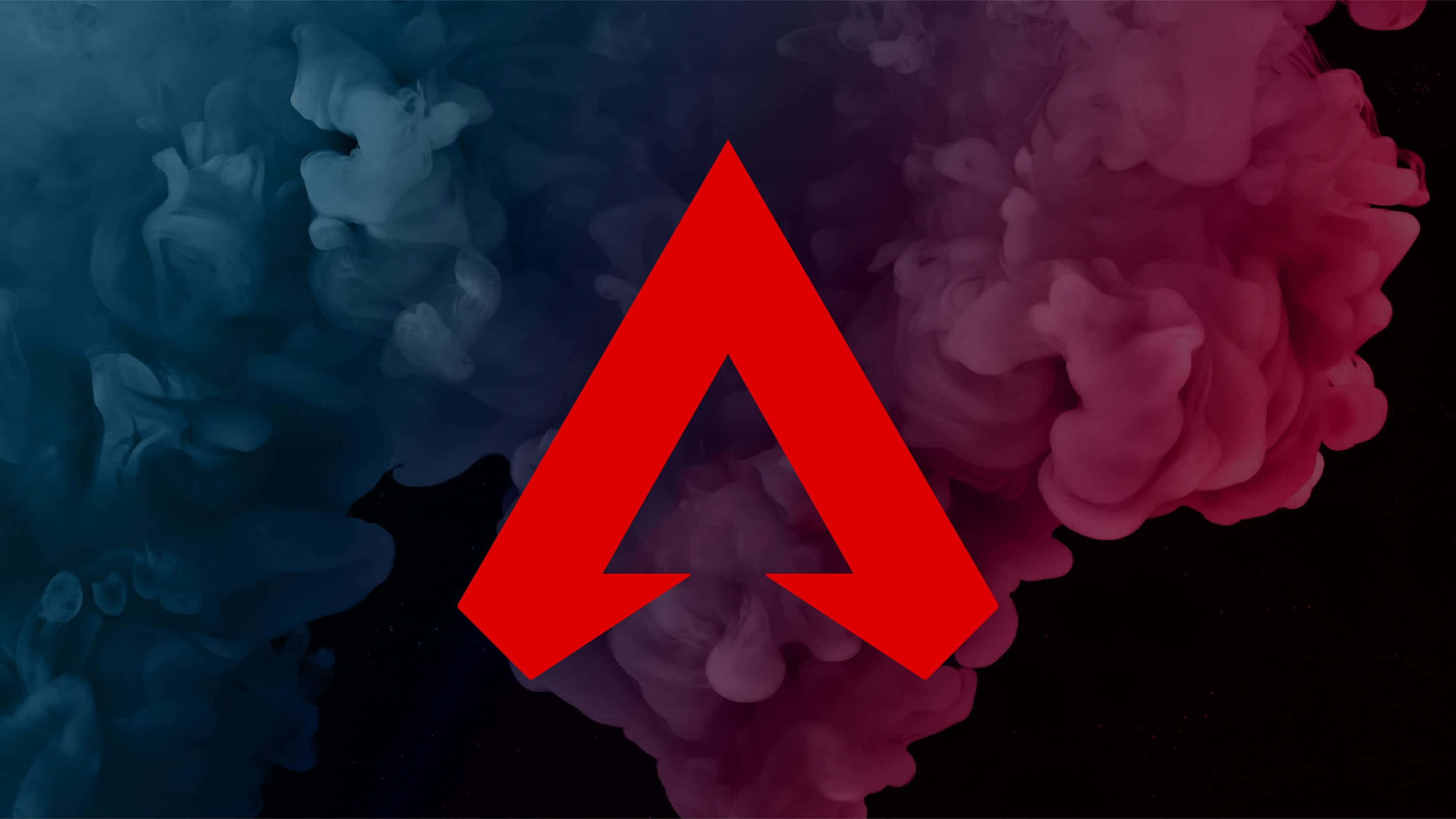 Apex 英雄 桌布 壁紙 — 一個大膽的紅色三角形標誌漂浮在黑色背景上旋轉的藍色和粉紅色墨水雲中。