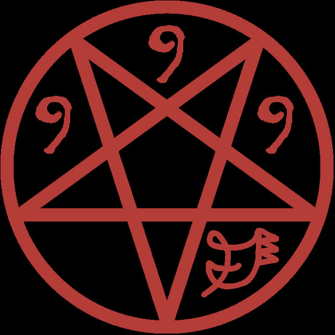Pentagram 桌布 壁紙 — 一個大膽的紅色五角星，位於一個飾有符印和數字九的圓圈內，背景為純黑色。