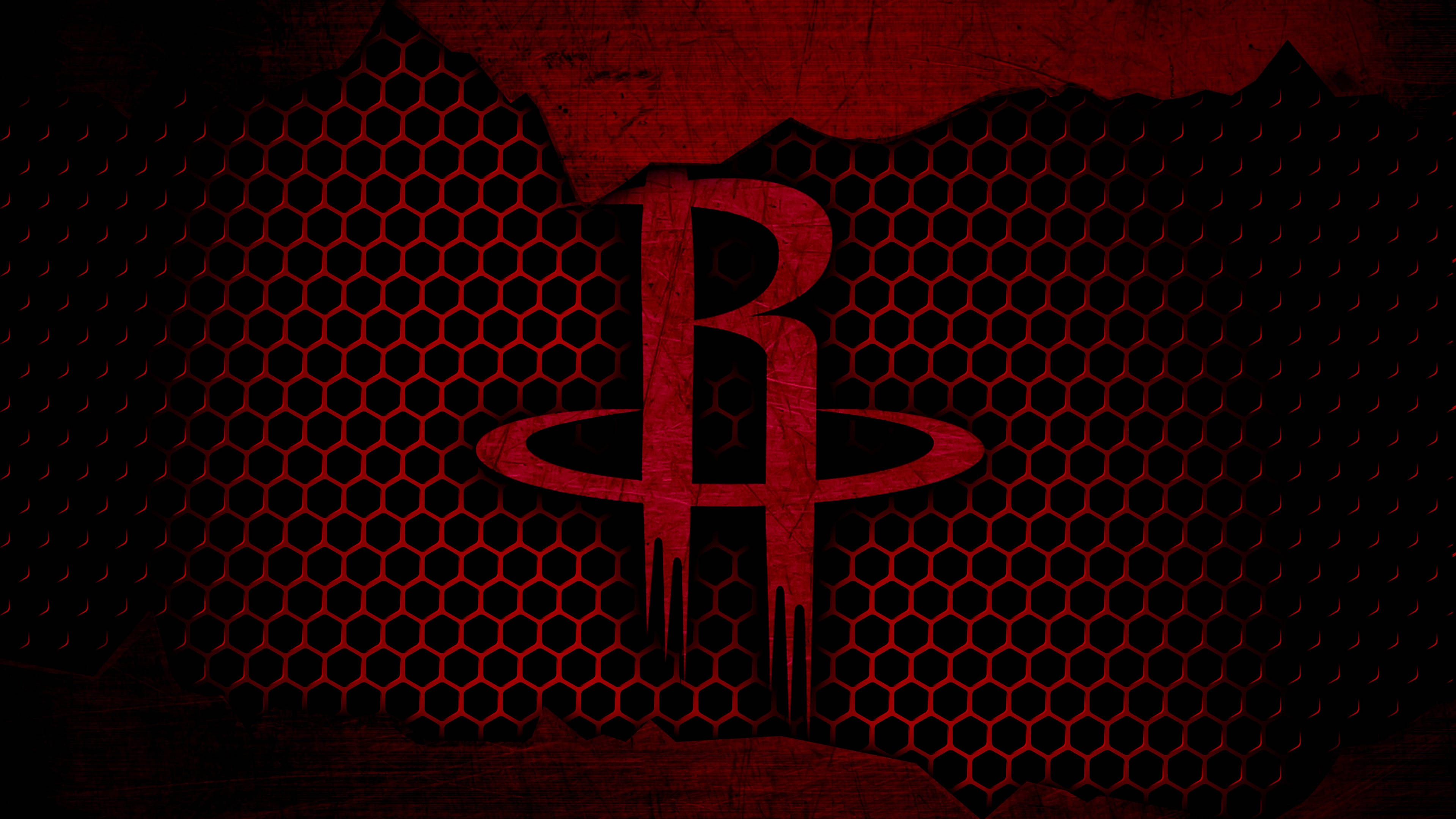 Houston Rockets 桌布 壁紙 — 一個大膽的紅色休士頓火箭隊標誌在帶有紋理垃圾效果的深色六角形網格背景上發光。
