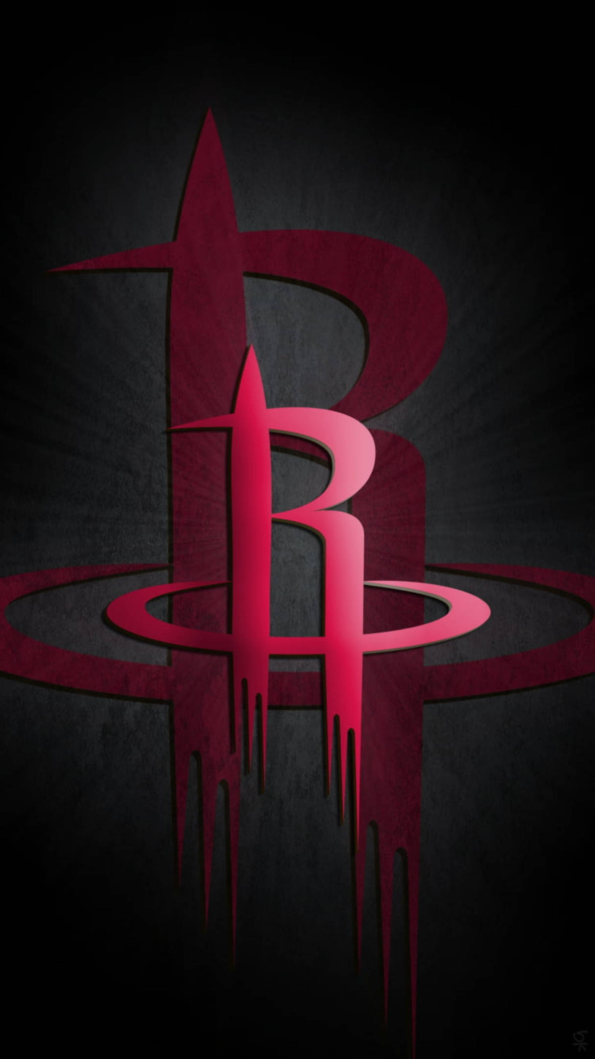 Houston Rockets 桌布 壁紙 — 一個大膽的紅色休士頓火箭隊標誌在帶有放射狀光線條紋的紋理深灰色背景上戲劇性地滴落。
