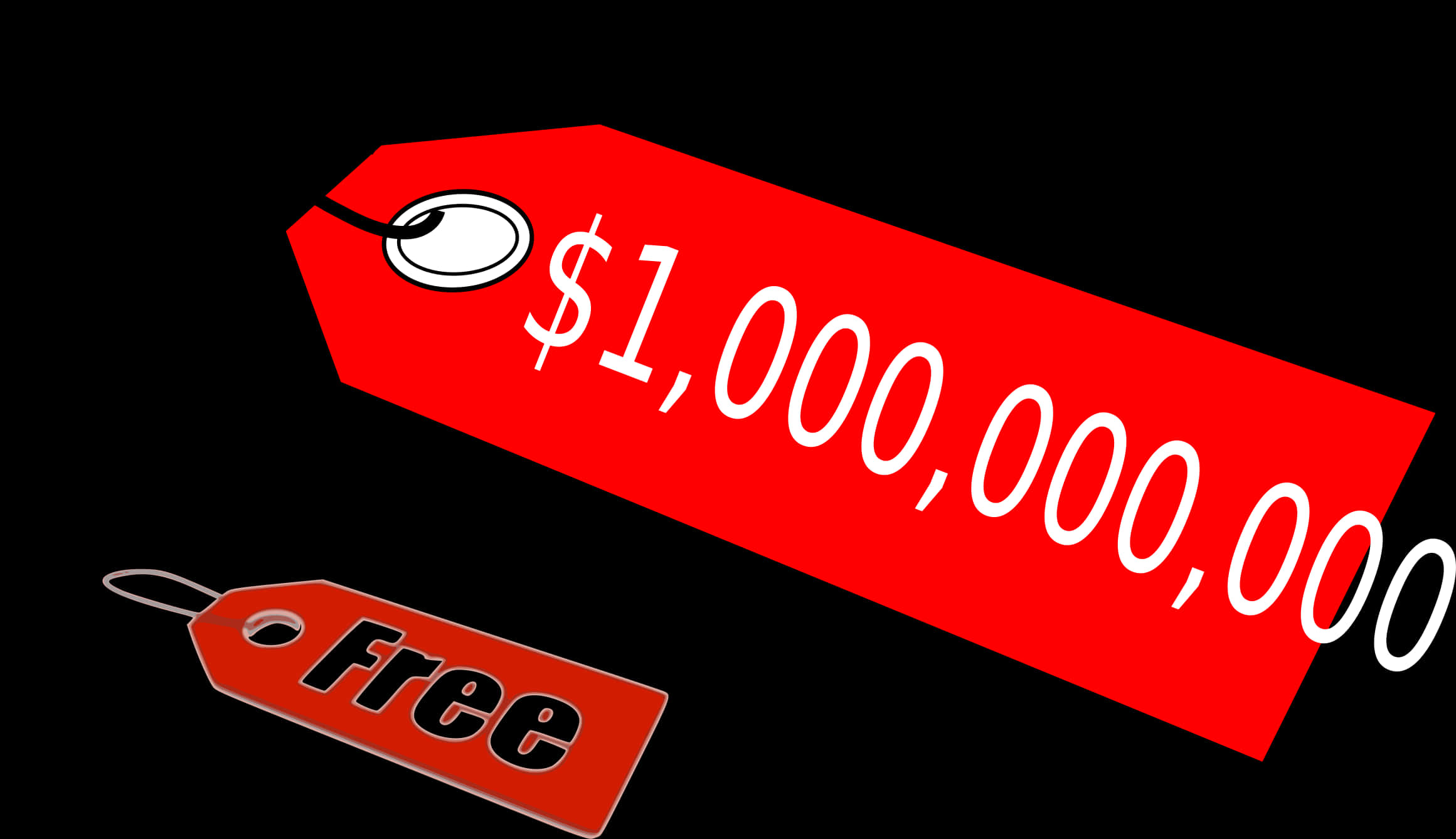 Price Tag 桌布 壁紙 — 一個大膽的紅色價格標籤顯示一萬億美元，漂浮在一個較小的紅色標籤上方，標籤上寫著「免費」，背景為黑色。