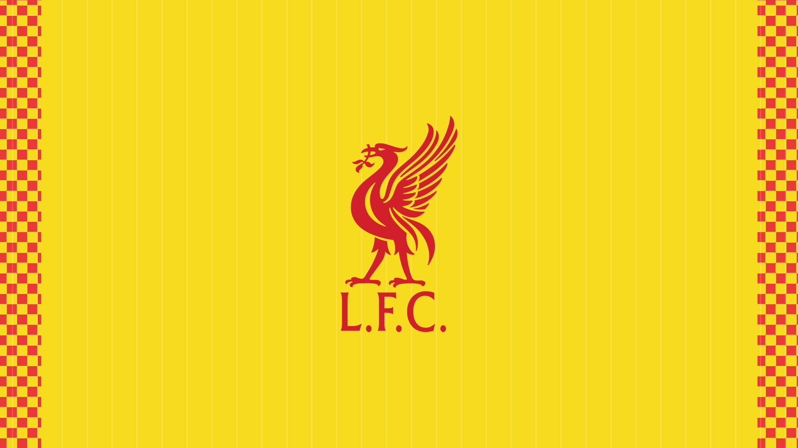 Liverpool Logo 桌布 壁紙 — 一個大膽的紅色利物浦鳥標誌，中央帶有L.F.C.文字，背景為鮮黃色並帶有紅色格紋側邊框。