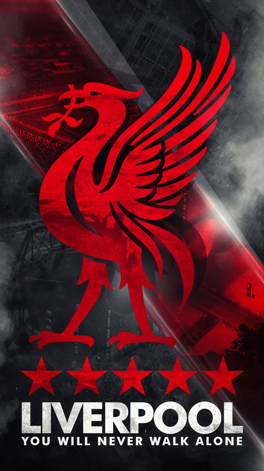 Liverpool Logo 桌布 壁紙 — 一個大膽的紅色利物鳥標誌，配以五顆星和文字「Liverpool You Will Never Walk Alone」，主導著黑暗的球場背景。