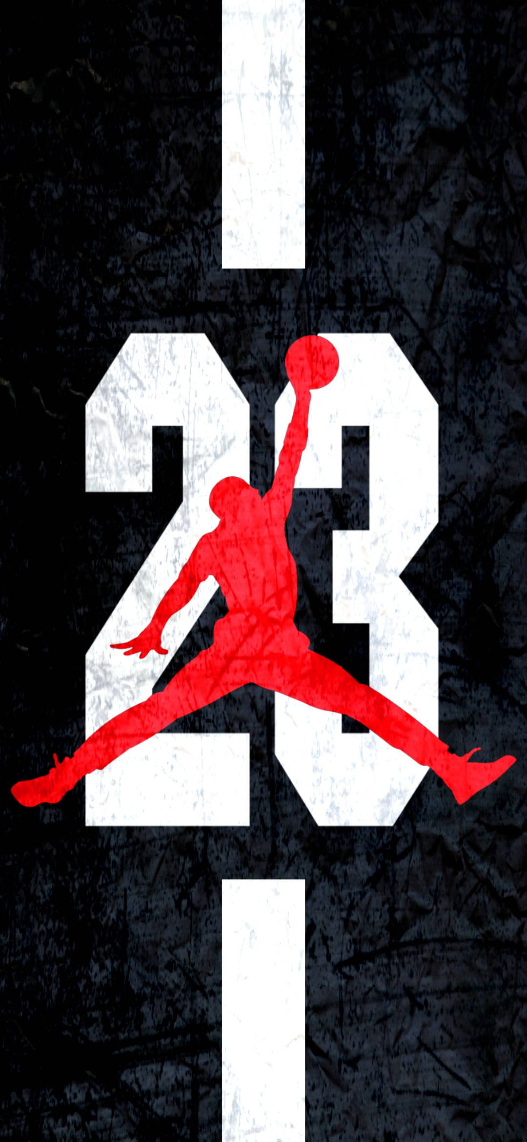 Jordan Logo 桌布 壁紙 — 一個大膽的紅色剪影，描繪一名籃球運動員在半空中飛身灌籃，越過一個白色大數字23，背景為有紋理的黑色。