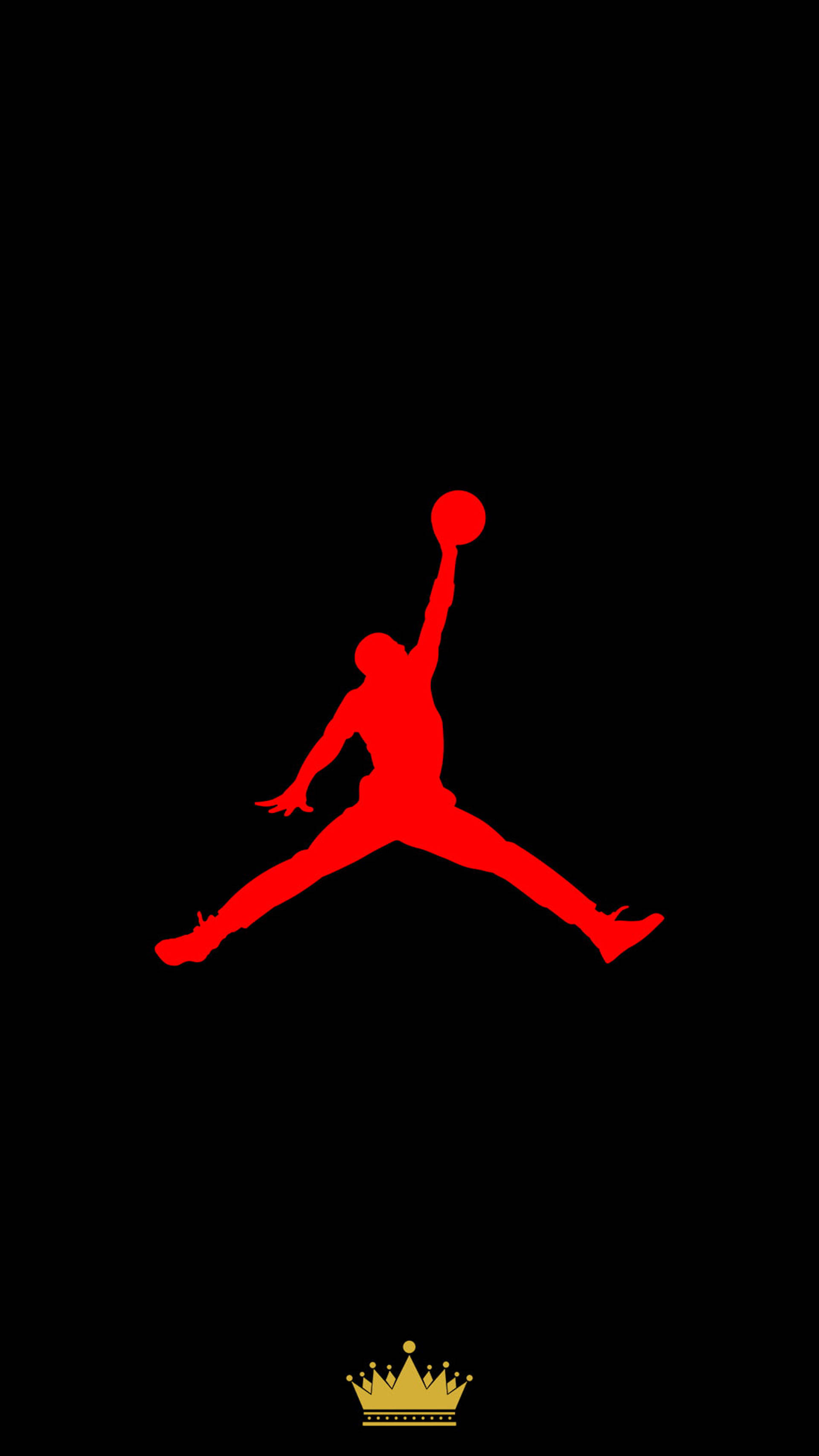 Air Jordan 桌布 壁紙 — 一個大膽的紅色剪影，描繪一名籃球運動員在半空中灌籃，背景是純黑色，底部有一個小金皇冠。