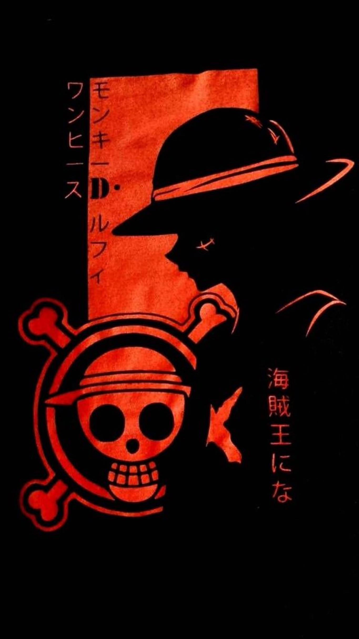 海賊王 iPhone 壁紙 桌布 壁紙 — 一個大膽的紅色剪影，描繪了蒙奇·D·魯夫戴著草帽和傑利·羅傑標誌，背景為黑色。