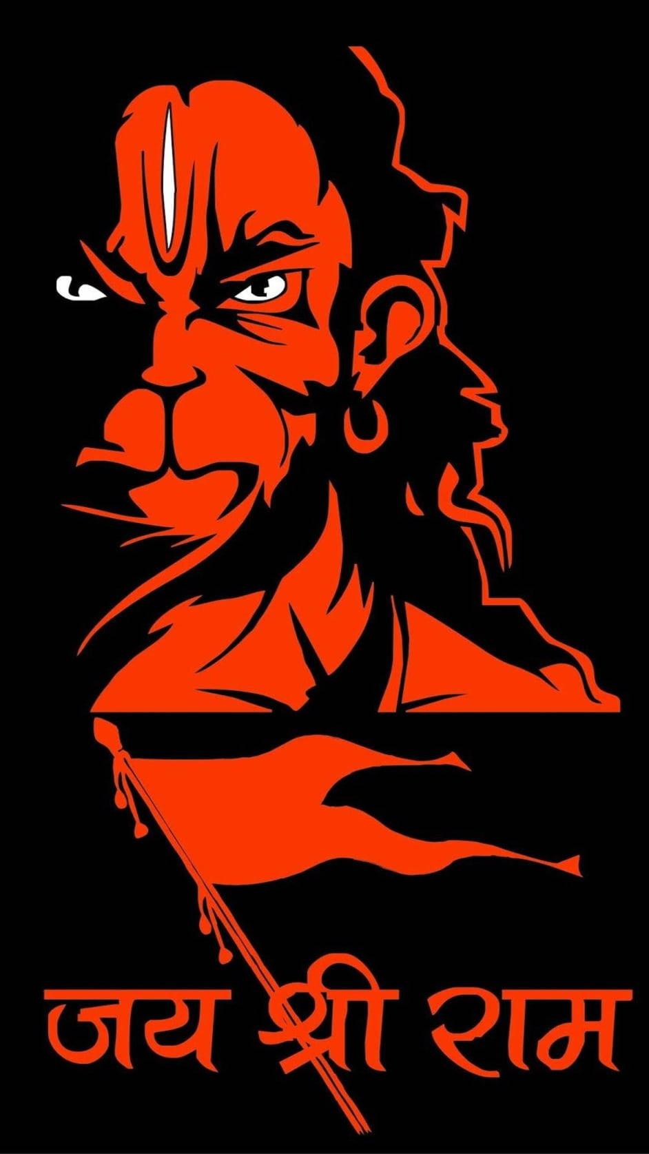 Shree Ram 桌布 壁紙 — 一個大膽的紅色剪影，描繪哈努曼神，表情兇猛，帶有傳統標記，背景為黑色，下方有印地語文字。