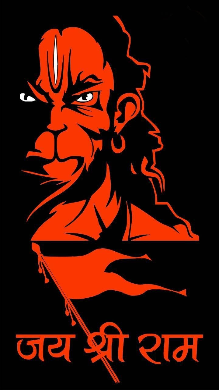 hanuman art 桌布 壁紙 — 一個大膽的紅色剪影，描繪哈努曼神，表情兇猛，舉起手，黑色背景上帶有「Jai Shri Ram」文字。