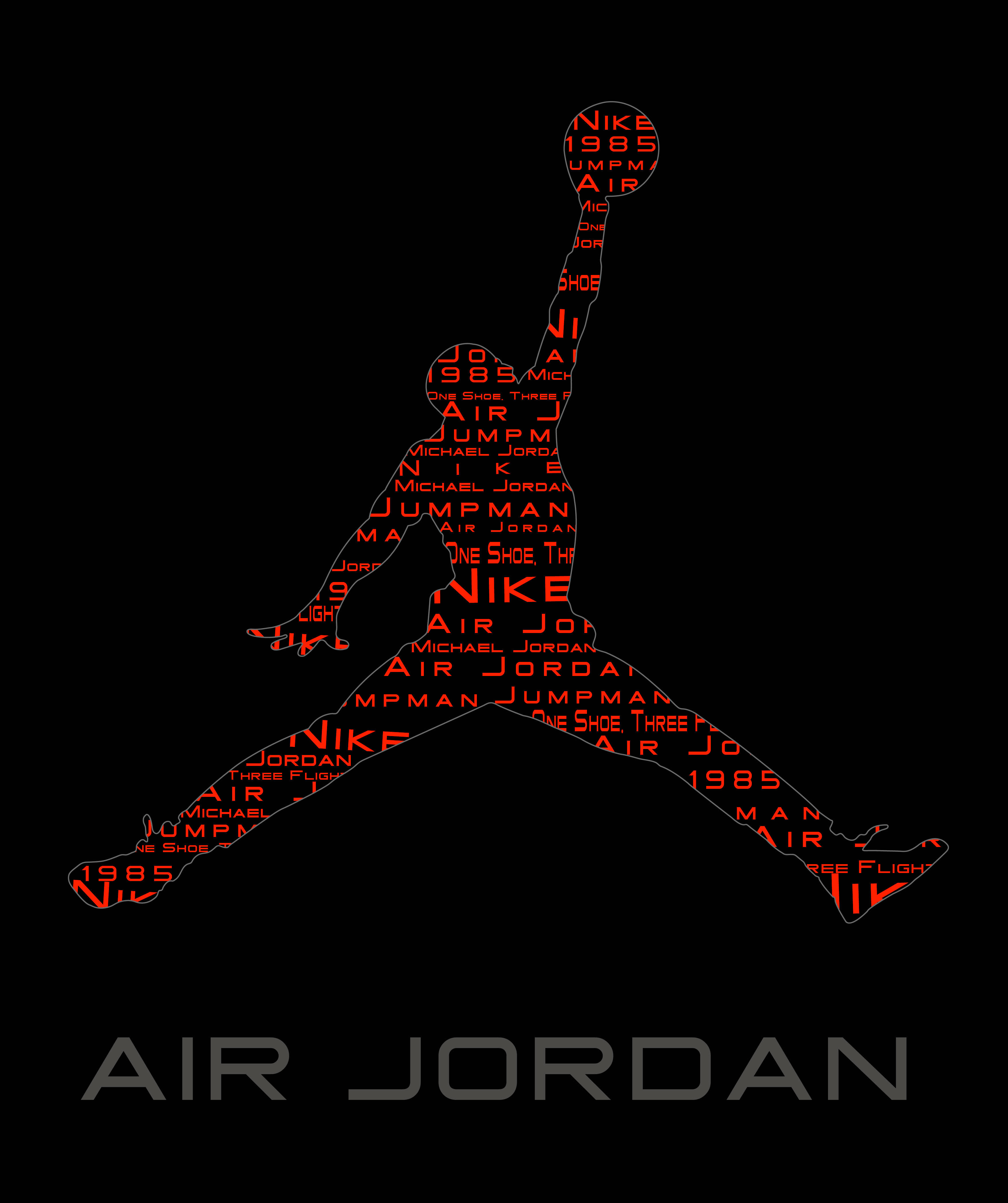 Jordan Logo 桌布 壁紙 — 一個大膽的紅色剪影，描繪麥可喬丹在半空中灌籃，剪影內充滿重複的文字，如「Air Jordan」和「1985」，背景為黑色。