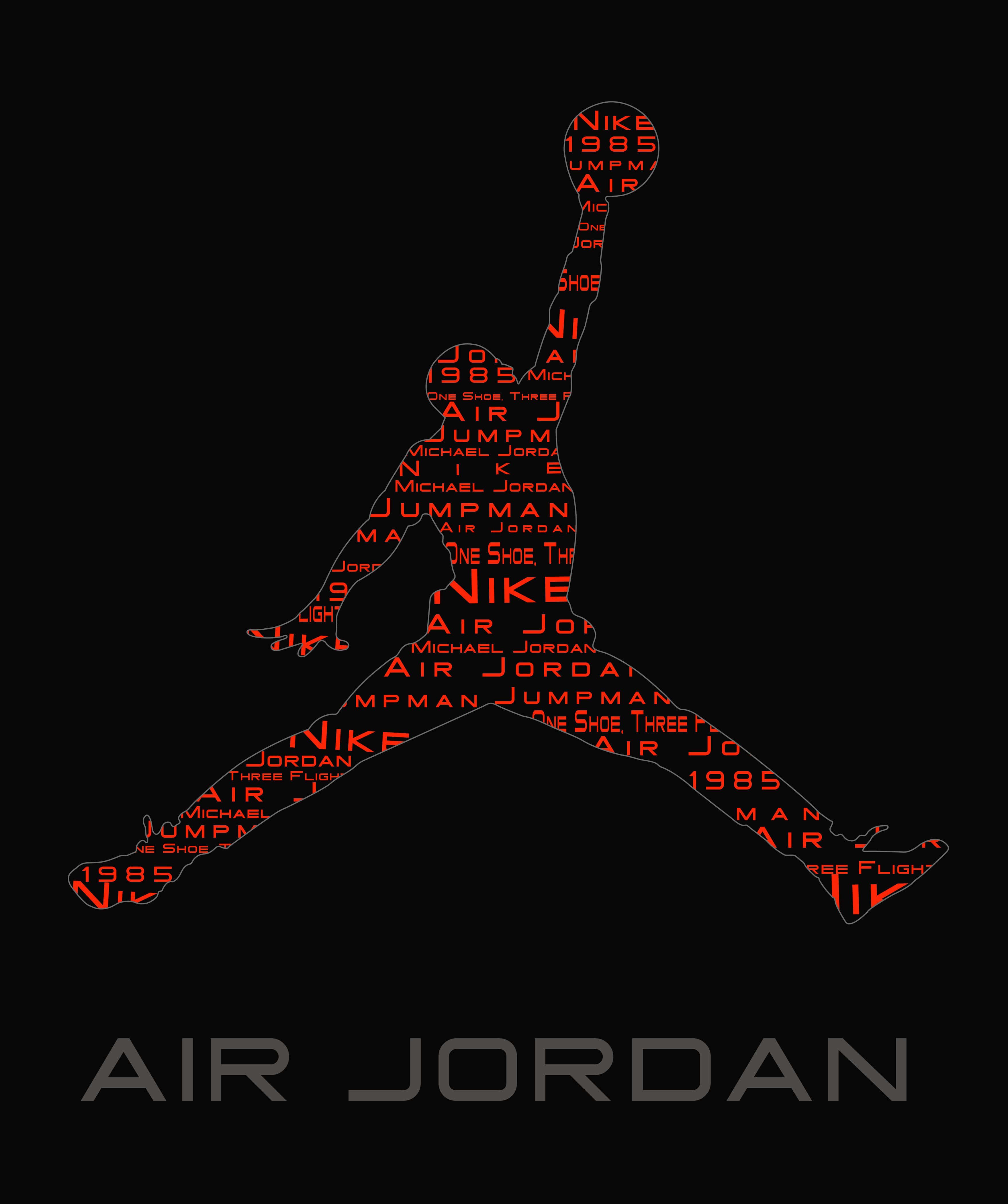 Jordan Logo Phone 桌布 壁紙 — 一個大膽的紅色剪影，麥可喬丹在半空中灌籃，充滿重複的文字如「Air Jordan」和「1985」，背景為黑色。