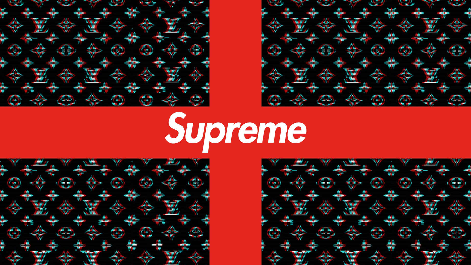 帶有Supreme標誌的紅色十字架，位於故障LV字母組合圖案背景上。 — Valorant Logo 壁紙