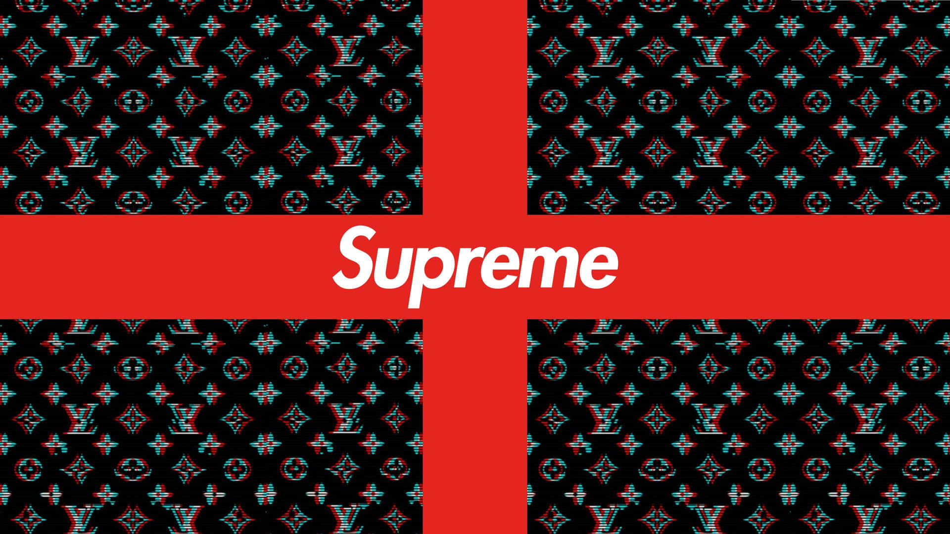 supreme aesthetic 桌布 壁紙 — 一個大膽的紅色十字架將黑色背景分割，帶有故障效果的Louis Vuitton字母組合圖案和中央的白色Supreme標誌。