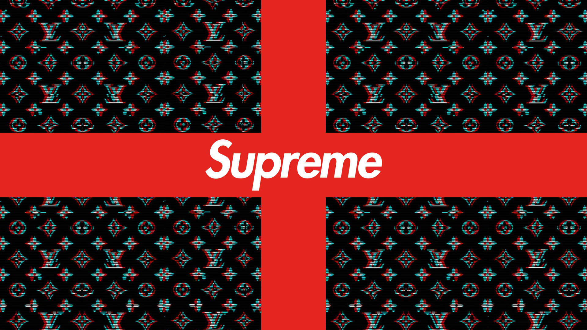 帶有 Supreme 標誌的紅色十字架，置於故障效果的 Louis Vuitton 圖案背景上。 — 路易威登 GIF 壁紙