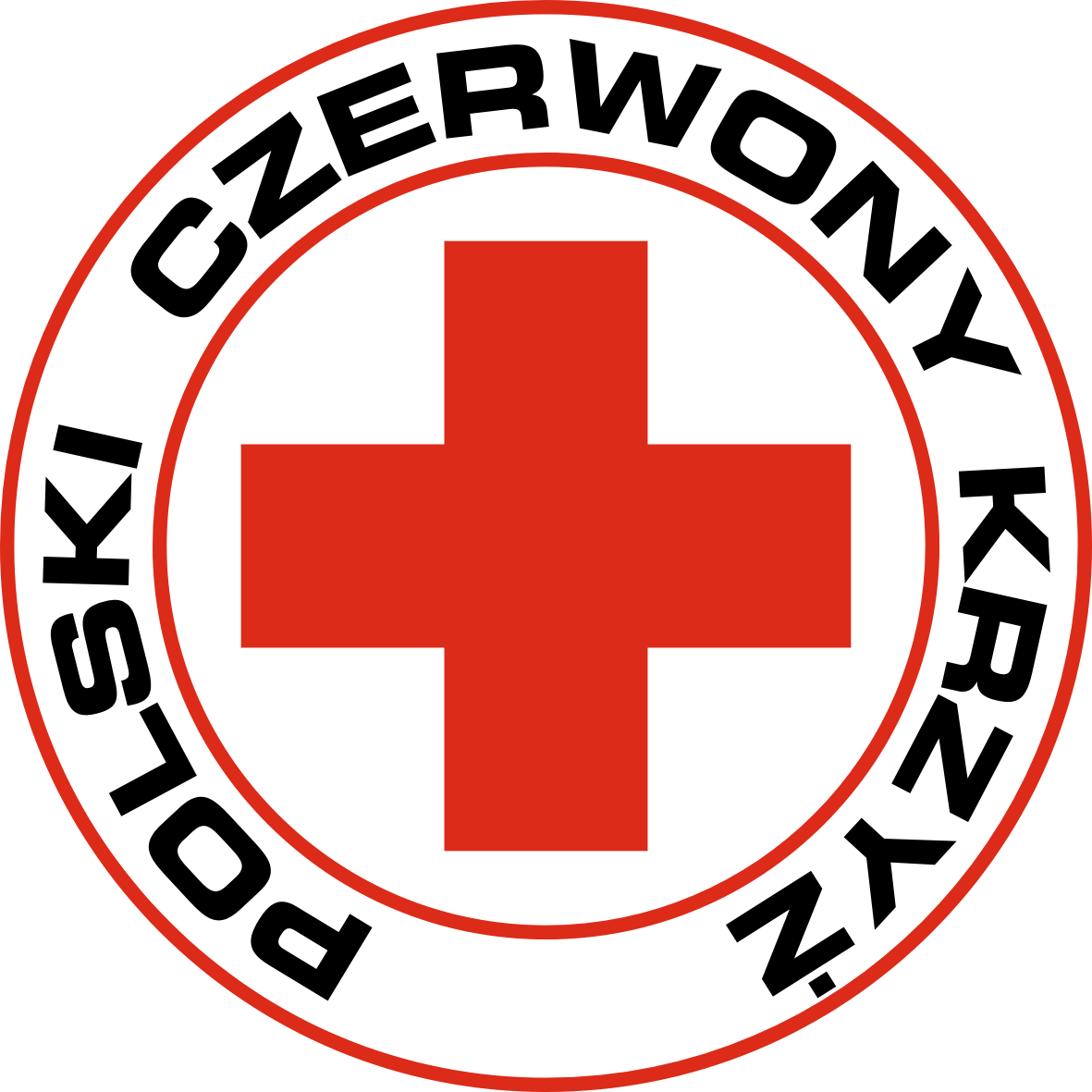 十字架 桌布 壁紙 — 一個大膽的紅色十字標誌，被黑色文字「POLSKI CZERWONY KRZYŻ」環繞，背景為白色。