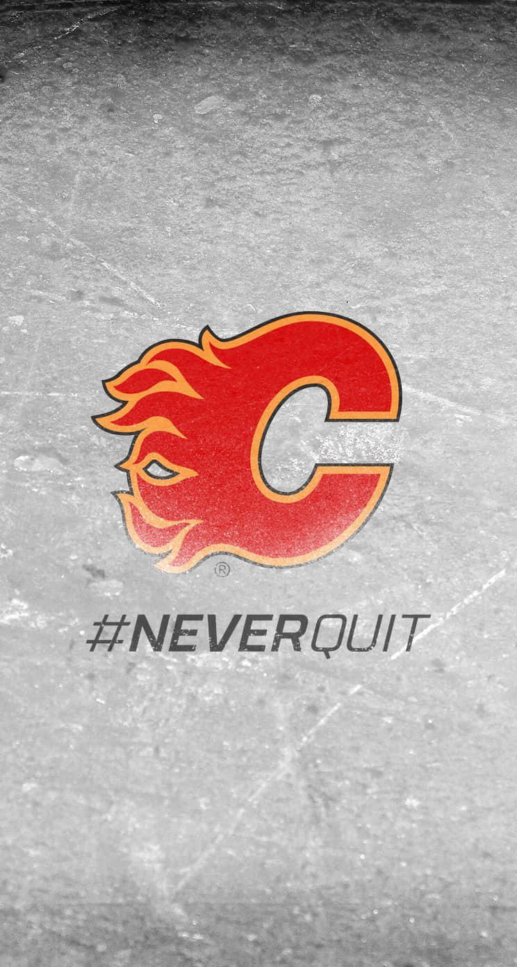 Calgary Flames 桌布 壁紙 — 一個大膽的紅色卡加利火焰隊標誌，帶有火焰設計，位於有刮痕的灰色冰面上，下方有 hashtag neverquit。