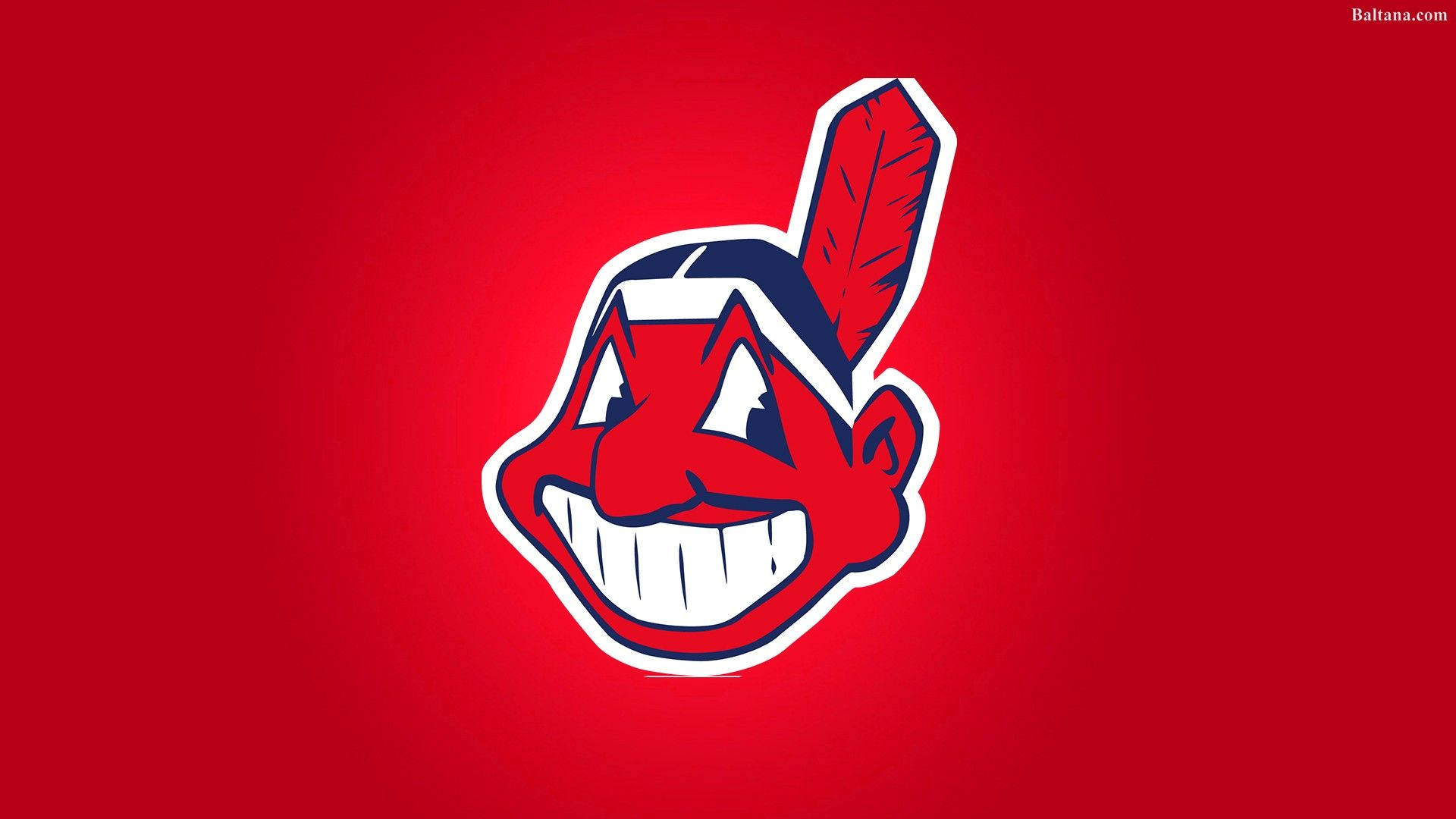 Cleveland Indians 桌布 壁紙 — 一個大膽的紅色卡通美洲原住民吉祥物頭像，帶有羽毛和燦爛的笑容，背景為純紅色。