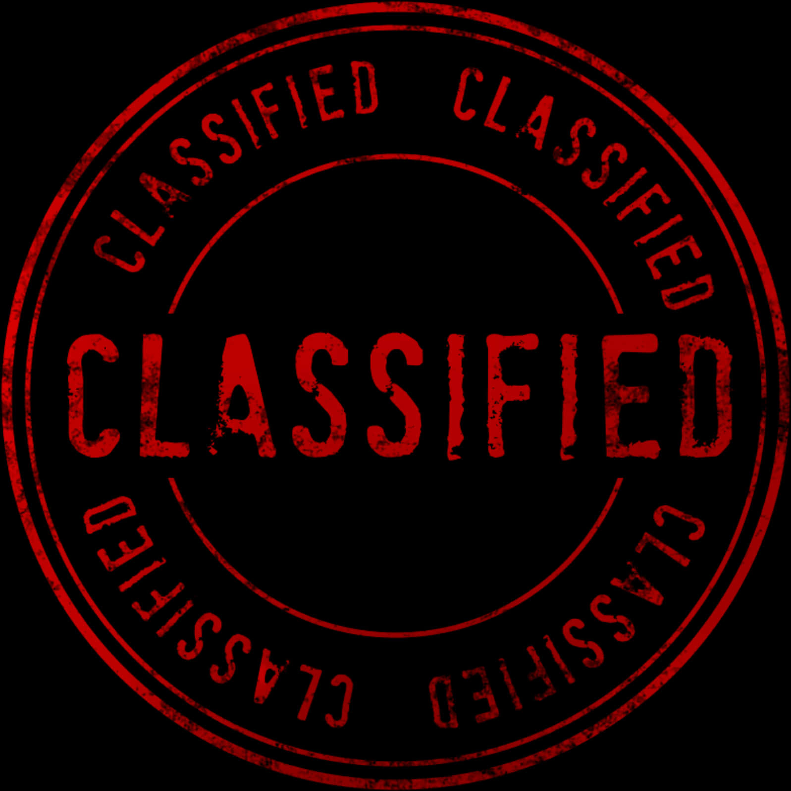 Stamp 桌布 壁紙 — 一個大膽的紅色印章，上面重複著「classified」這個詞，採用磨損的圓形設計，背景為黑色。