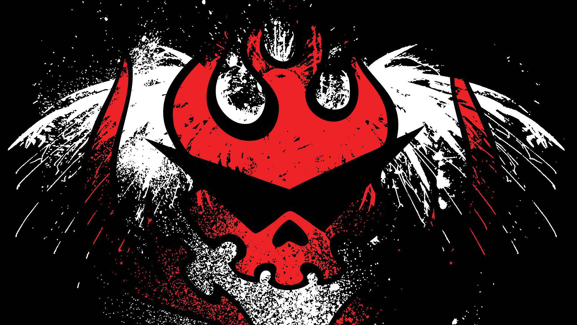 Gurren Lagann 桌布 壁紙 — 一個大膽的紅色反抗軍聯盟標誌，帶有白色翅膀和黑色潑濺效果，襯托在鮮明的黑色背景上。