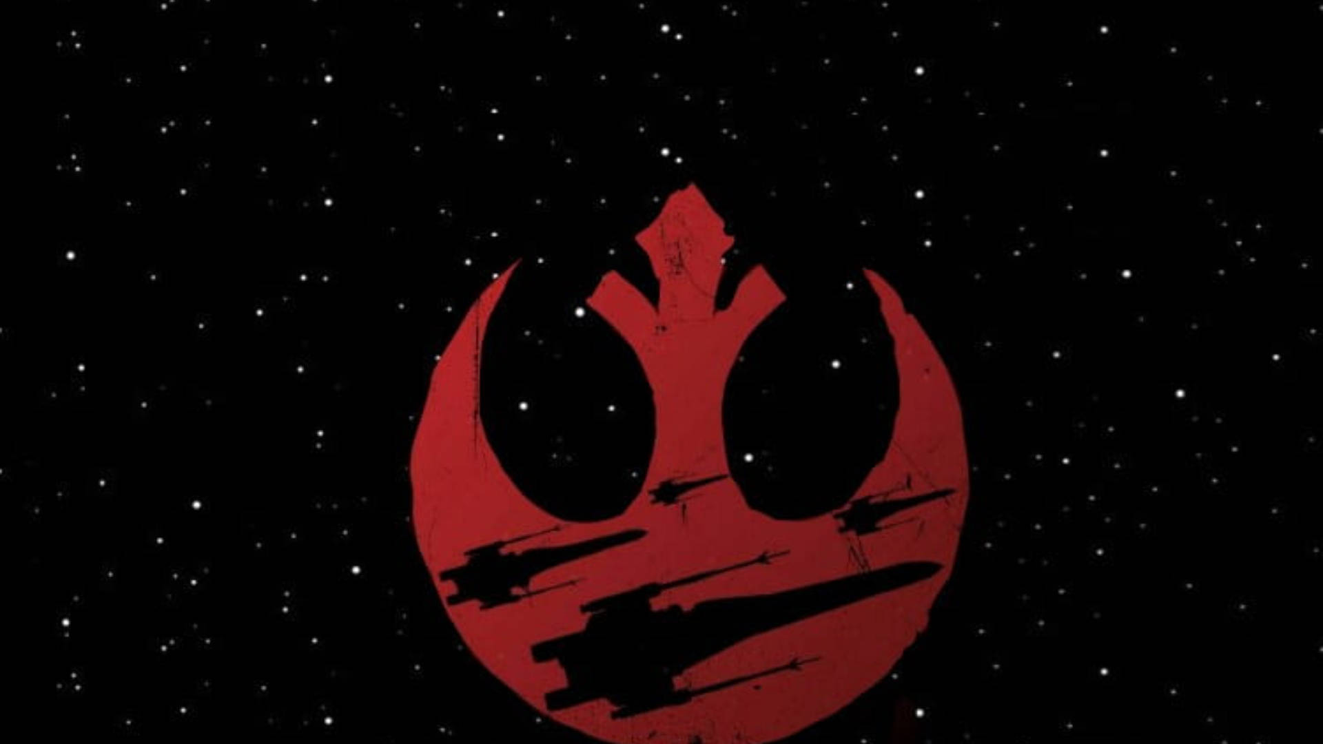 Star Wars Red 桌布 壁紙 — 一個大膽的紅色反抗軍聯盟標誌，黑色星際戰機在佈滿星星的黑色虛空中劃過。