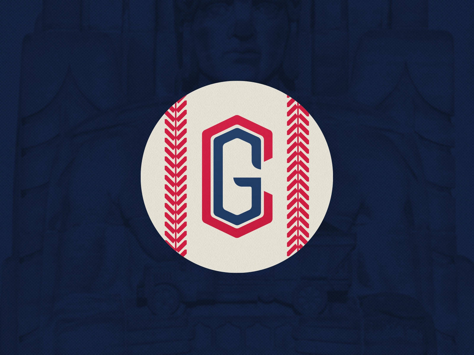 Cleveland Guardians 桌布 壁紙 — 一個大膽的紅色和海軍藍 'G' 標誌，居中於棒球設計上，背景為深藍色紋理。