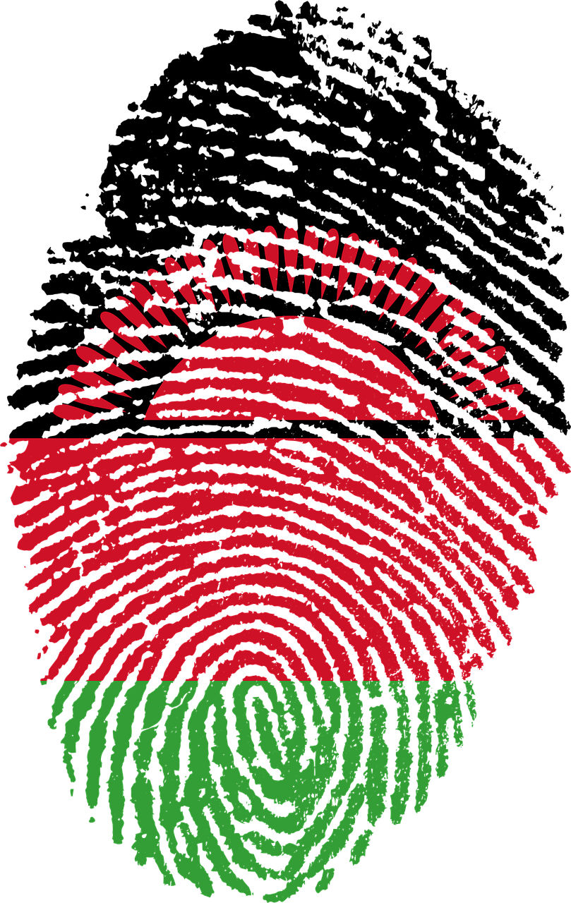 Malawi 桌布 壁紙 — 一個大膽的紅色和綠色指紋設計在帶有紋理脊線的黑色背景上形成一個風格化的太陽。