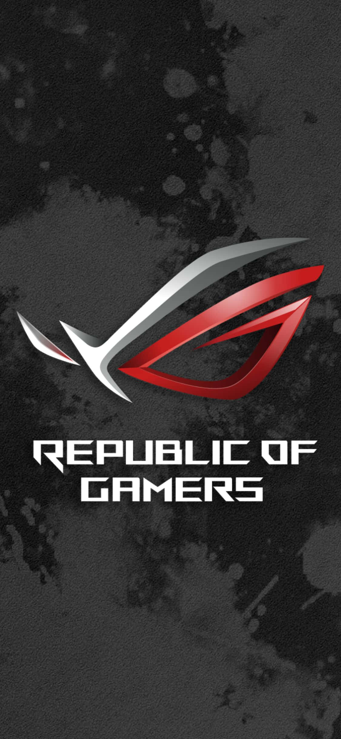 iPhone Xs Gaming 桌布 壁紙 — 一個大膽的紅色和銀色 Republic of Gamers 標誌在帶有灰色潑濺效果的深色紋理背景上脫穎而出。