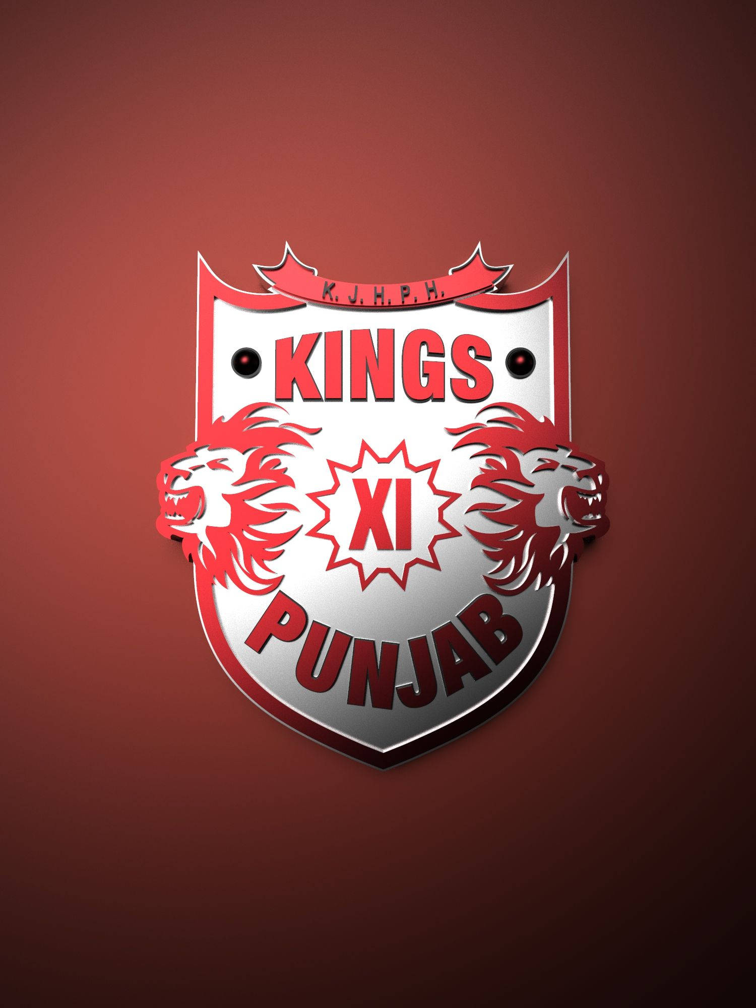 punjab kings 桌布 壁紙 — 一個大膽的紅色和銀色Kings XI Punjab運動標誌，帶有咆哮的獅子頭，背景為漸變栗色。