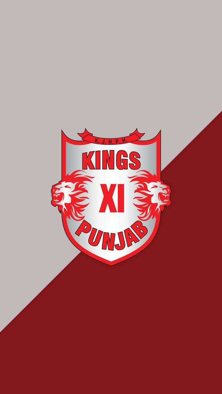 punjab kings 桌布 壁紙 — 一個大膽的紅色和銀色Kings XI Punjab體育標誌，居中於灰色和栗色的對角分割背景上。