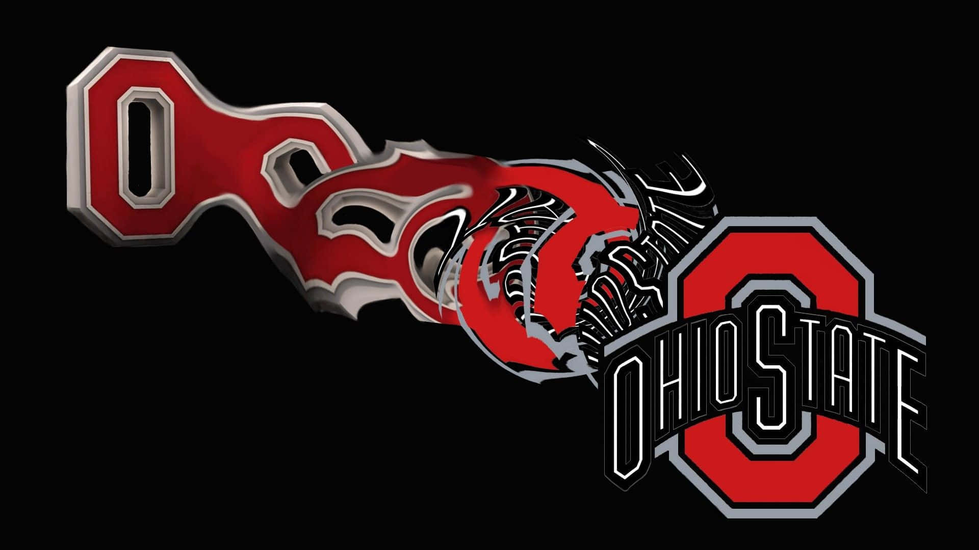 Ohio State Logo 桌布 壁紙 — 一個大膽的紅色和銀色俄亥俄州立七葉樹標誌，帶有兇猛的七葉樹頭設計，背景為黑色。