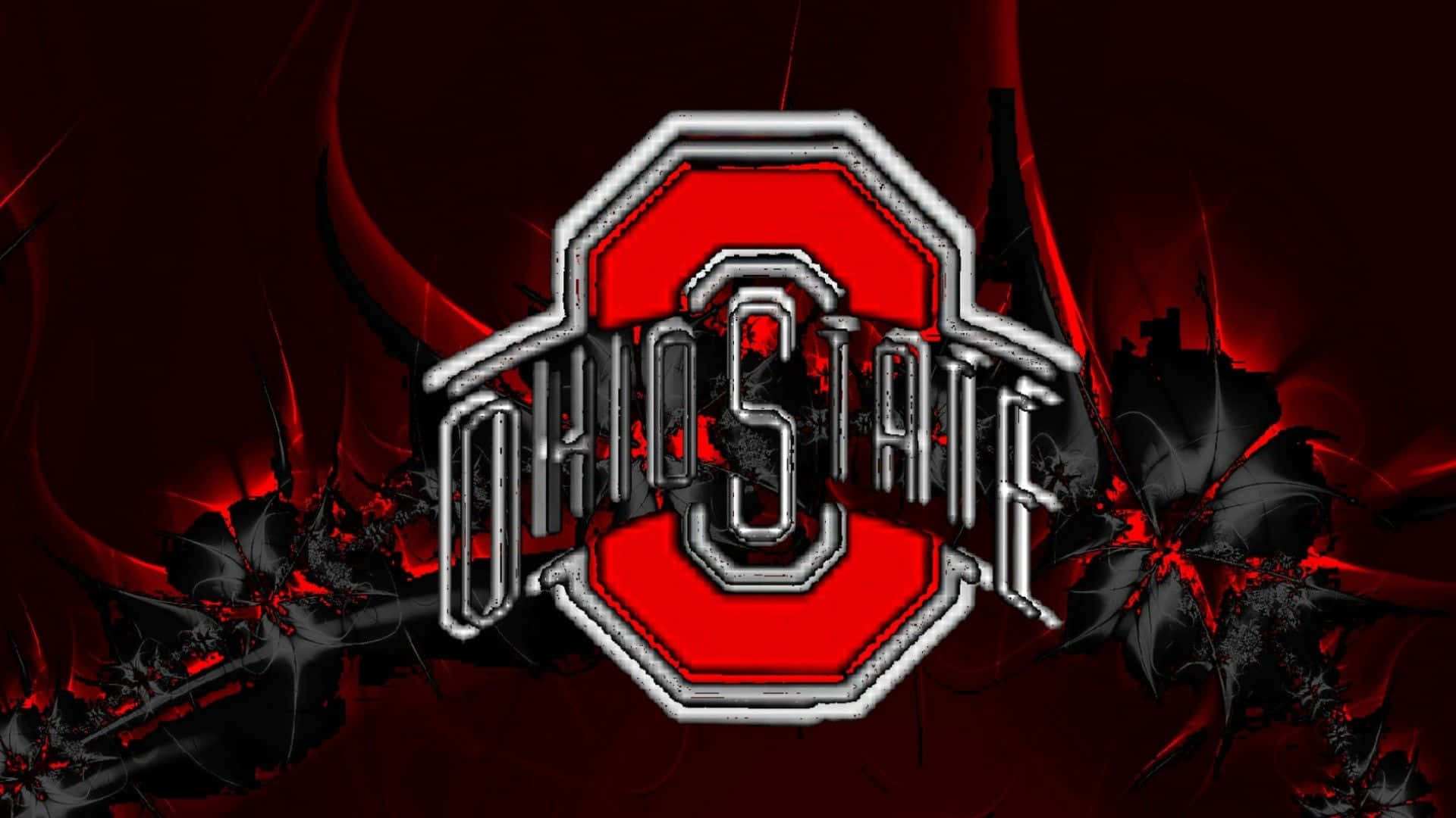 Ohio State Logo 桌布 壁紙 — 一個大膽的紅色和銀色俄亥俄州立大學標誌，帶有鋸齒狀的黑色和紅色分形圖案，在深色背景上向外輻射。
