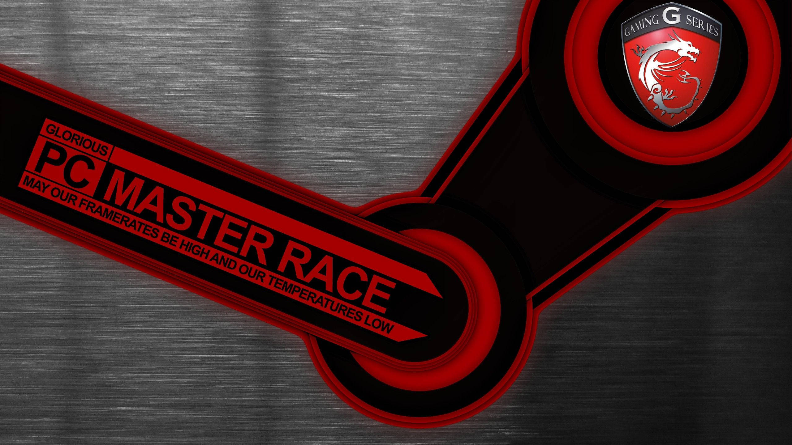 桌布 壁紙 — 一個大膽的紅色和黑色 Steam 標誌，帶有 'PC MASTER RACE' 文字和 MSI Gaming G Series 徽章，背景為拉絲金屬。