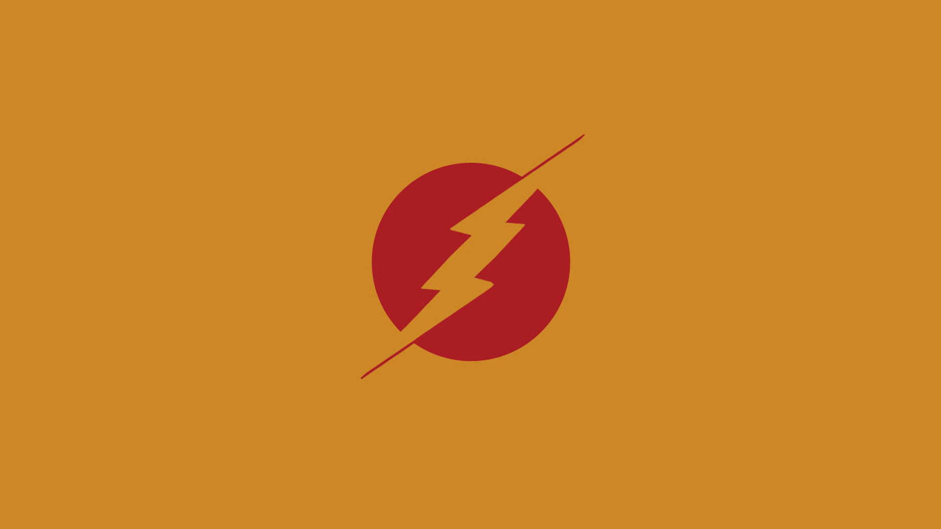 the flash 4K 桌布 壁紙 — 一個大膽的紅色圓圈，帶有黃色閃電，斜向劃過純橙色背景。