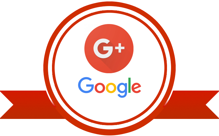 Google Plus 桌布 壁紙 — 一個大膽的紅色圓形 Google Plus 標誌，下方有彩色 Google 文字，並以紅色絲帶橫幅框住。